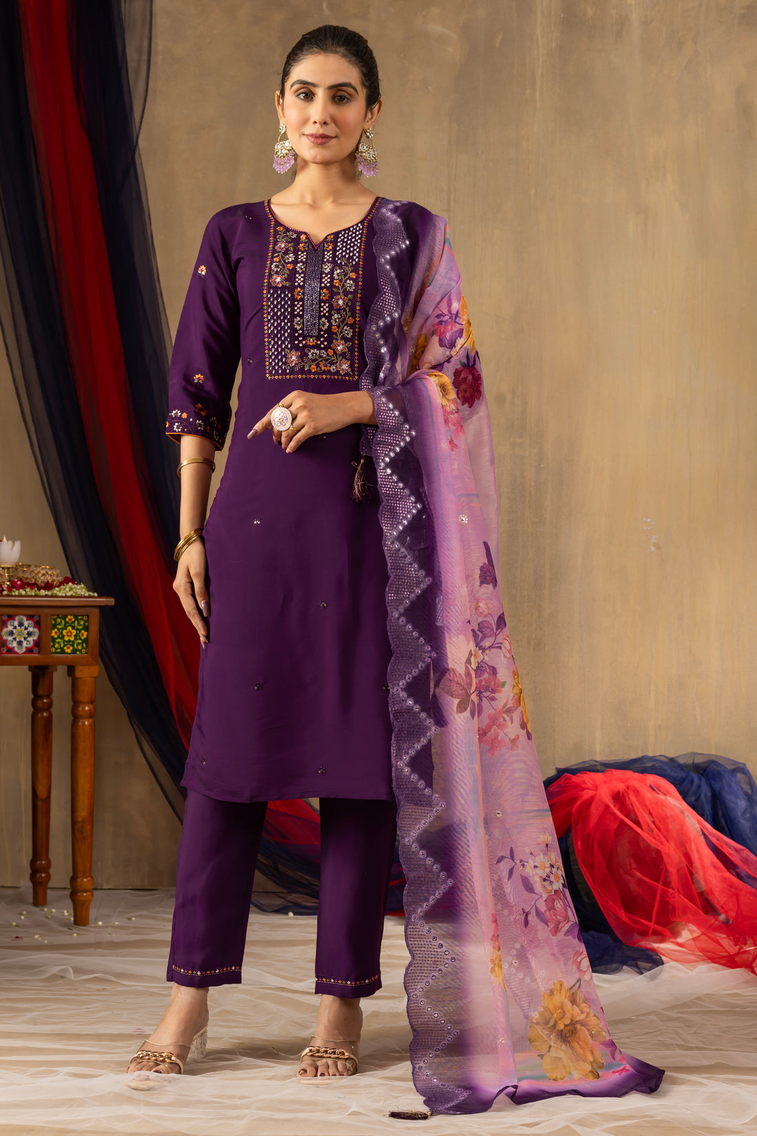 Black ,purple, Rama color Embroidered Kurti Pant Dupatta Set | Premium Ethnic Wear for Women