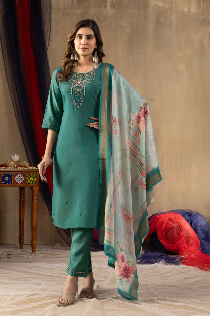 Teal Green Embroidered Kurti Pant Dupatta Set | Premium Festive Ethnic Wear