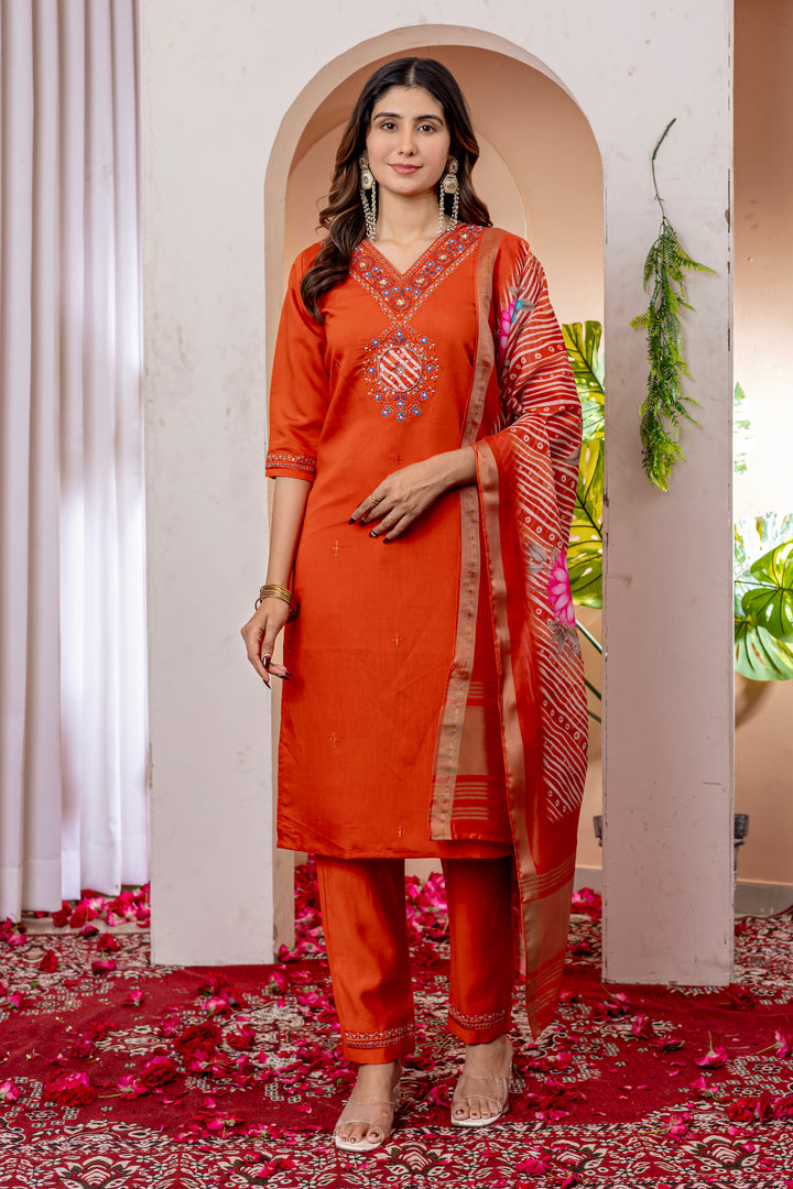 Designer Green, Wine, Orange Embroidered Kurti Pant Dupatta Set | Premium Festive Ethnic Wear
