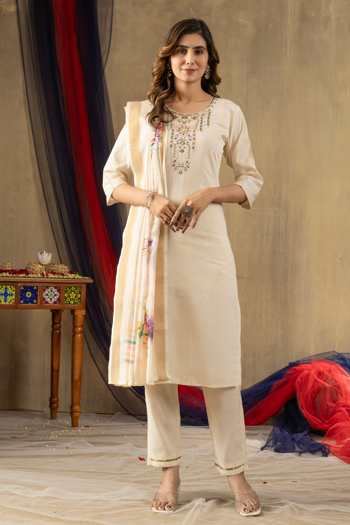 Cream Embroidered Kurti Pant Dupatta Set | Premium Ethnic Wear for Women