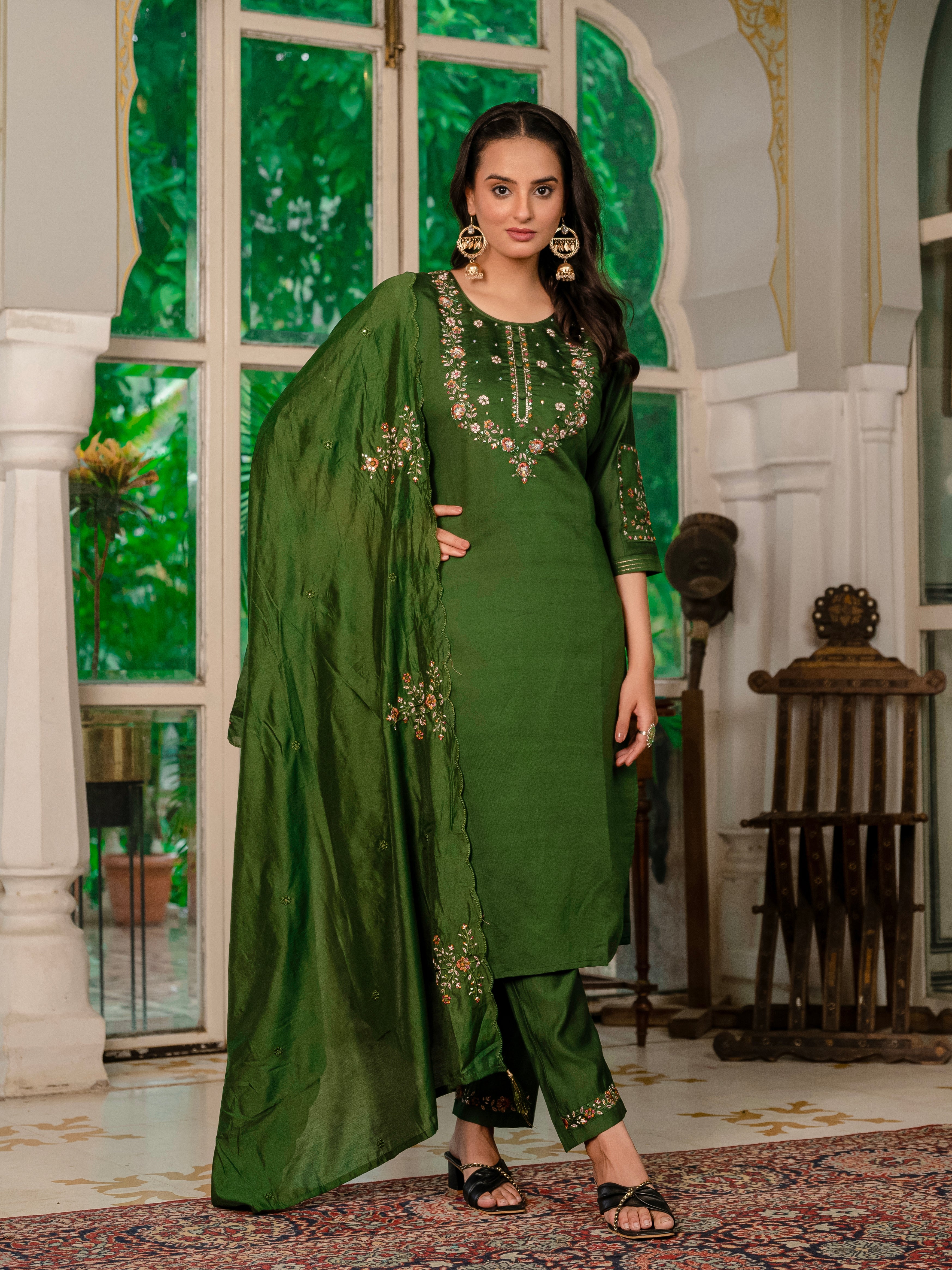 Royal Purple,Perrot,Musted Yellow, Green Embroidered Kurti Pant Dupatta Set | Premium Festive Wear