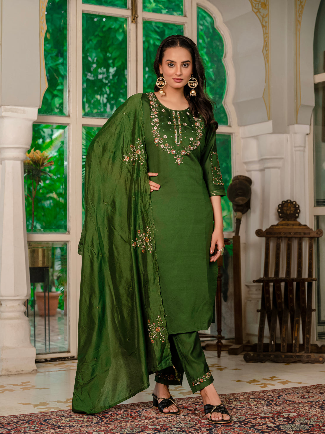 Royal Purple,Perrot,Musted Yellow, Green Embroidered Kurti Pant Dupatta Set | Premium Festive Wear