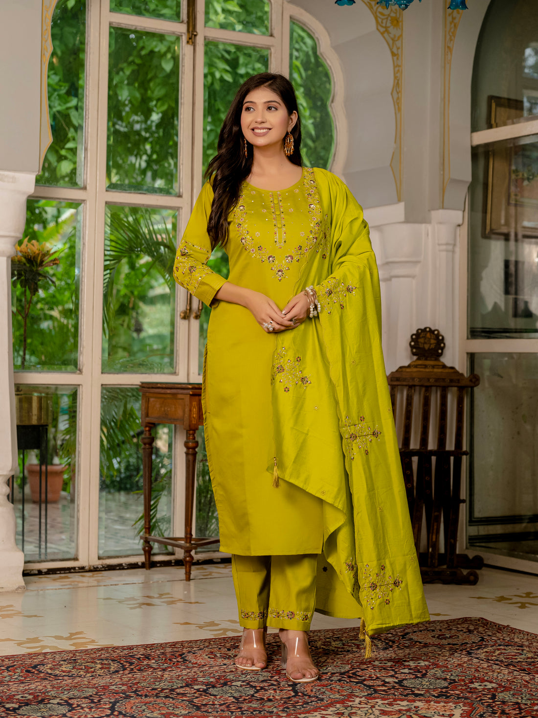 Royal Purple,Perrot,Musted Yellow, Green Embroidered Kurti Pant Dupatta Set | Premium Festive Wear