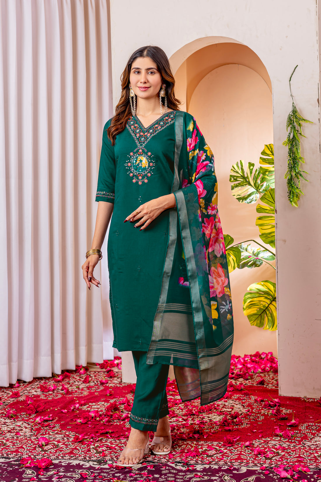 Designer Green, Wine, Orange Embroidered Kurti Pant Dupatta Set | Premium Festive Ethnic Wear