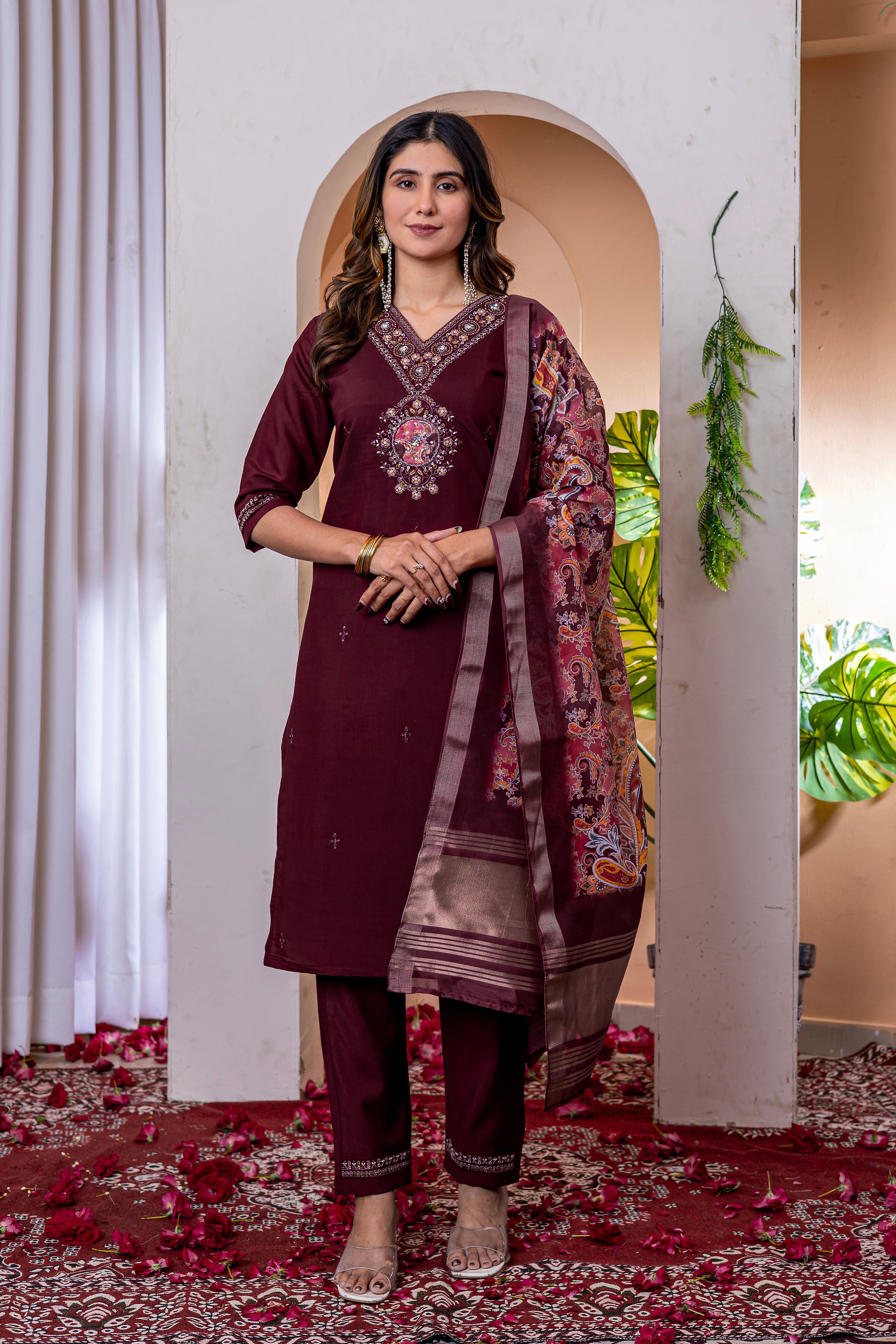 Designer Green, Wine, Orange Embroidered Kurti Pant Dupatta Set | Premium Festive Ethnic Wear