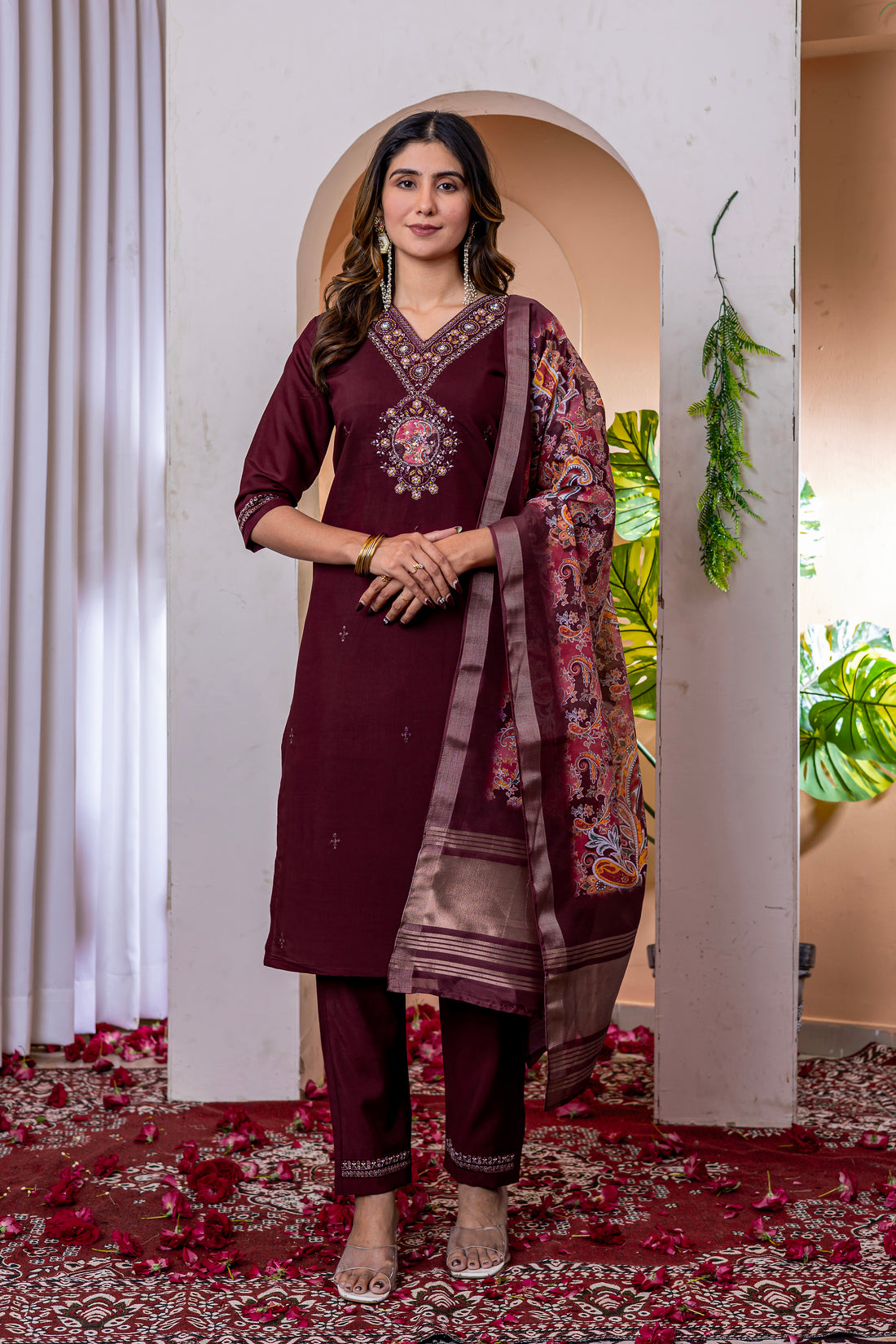 Designer Green, Wine, Orange Embroidered Kurti Pant Dupatta Set | Premium Festive Ethnic Wear