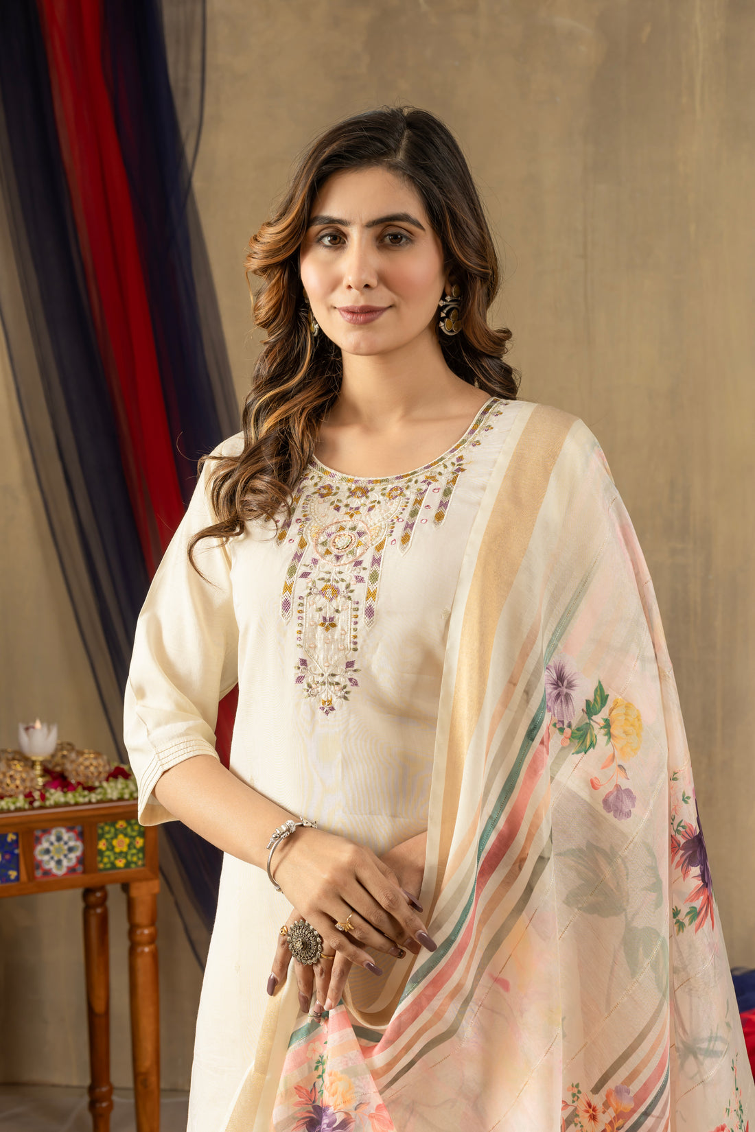 Cream Embroidered Kurti Pant Dupatta Set | Premium Ethnic Wear for Women