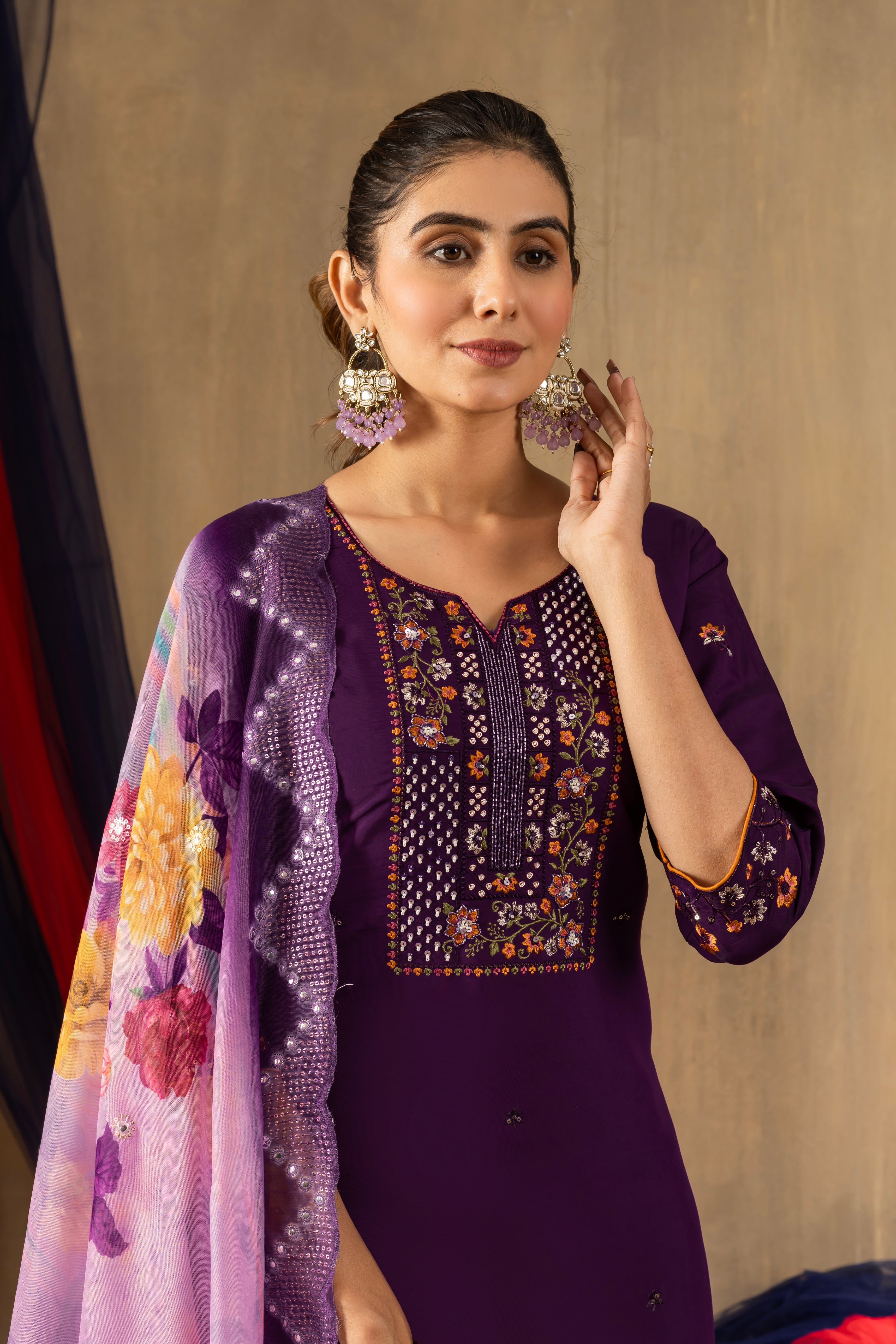 Black ,purple, Rama color Embroidered Kurti Pant Dupatta Set | Premium Ethnic Wear for Women
