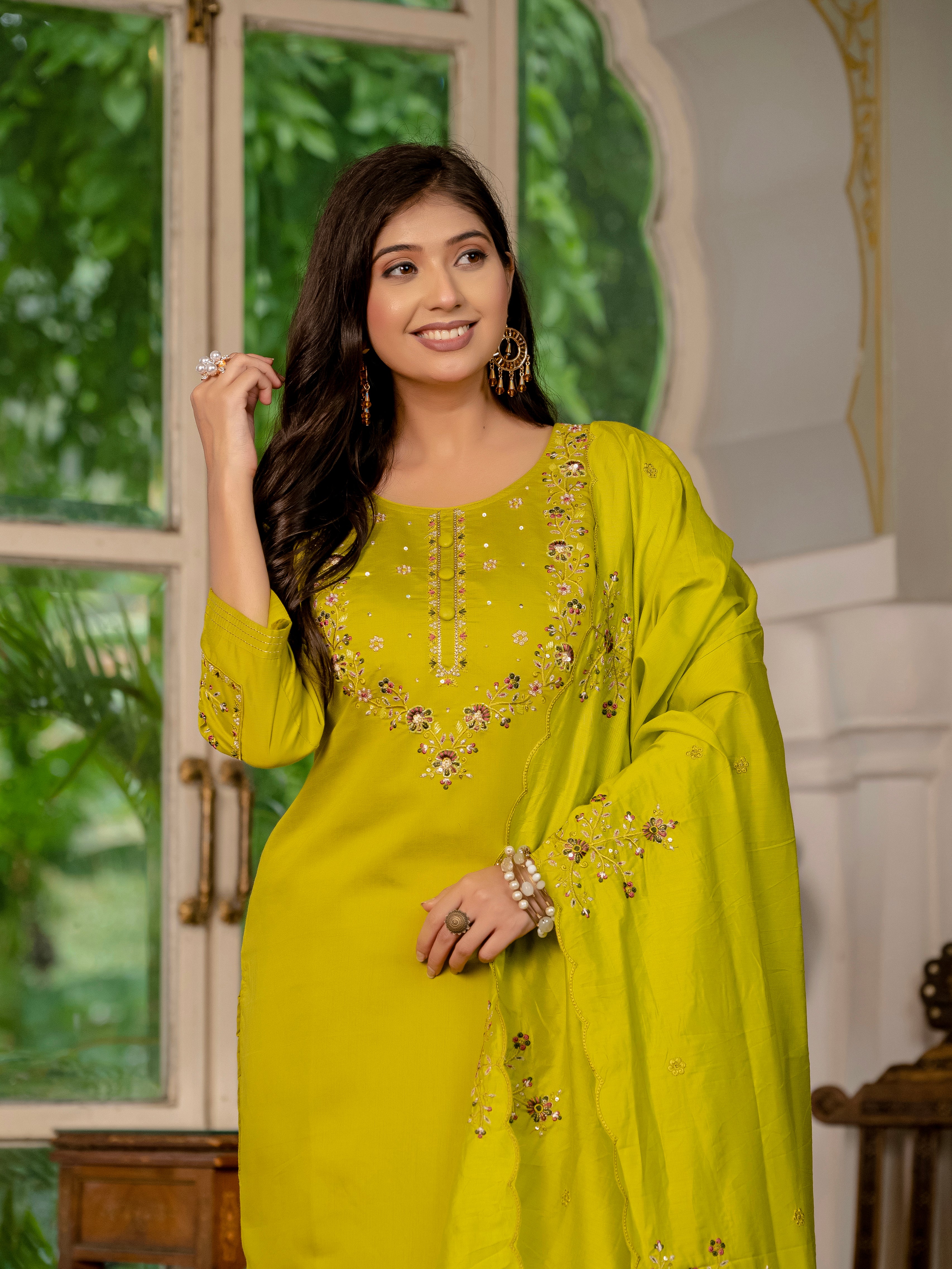 Royal Purple,Perrot,Musted Yellow, Green Embroidered Kurti Pant Dupatta Set | Premium Festive Wear