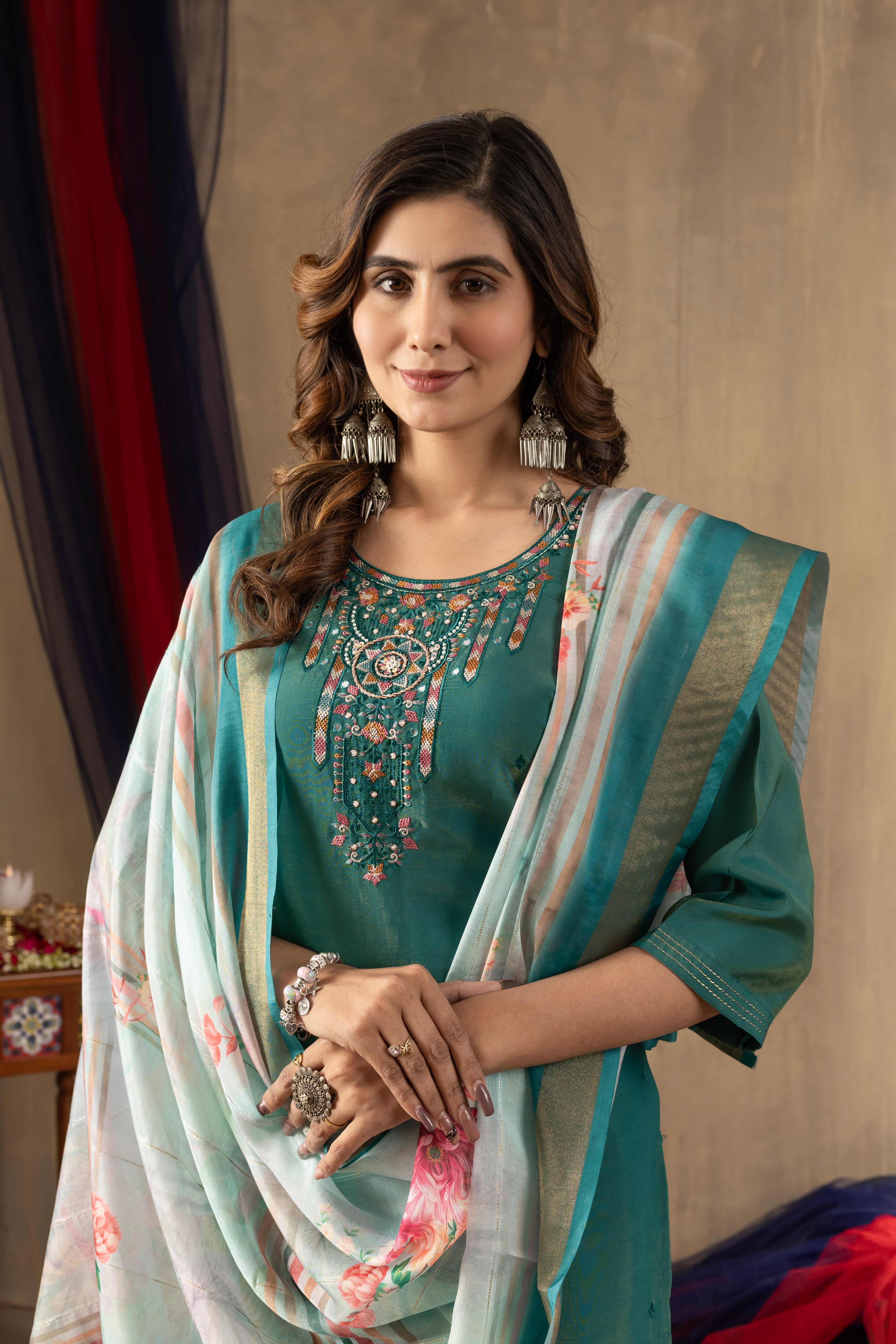 Teal Green Embroidered Kurti Pant Dupatta Set | Premium Festive Ethnic Wear
