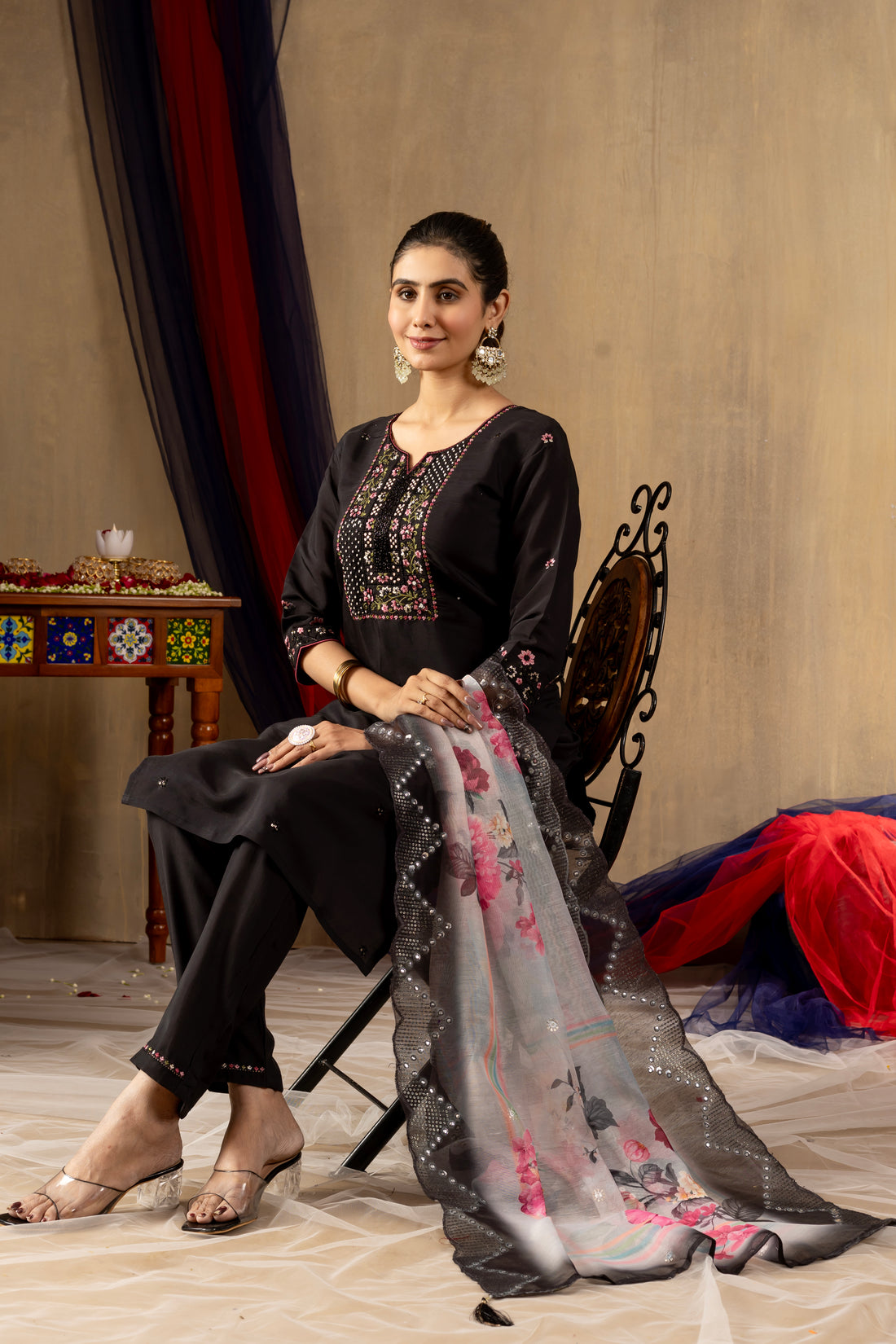 Black ,purple, Rama color Embroidered Kurti Pant Dupatta Set | Premium Ethnic Wear for Women