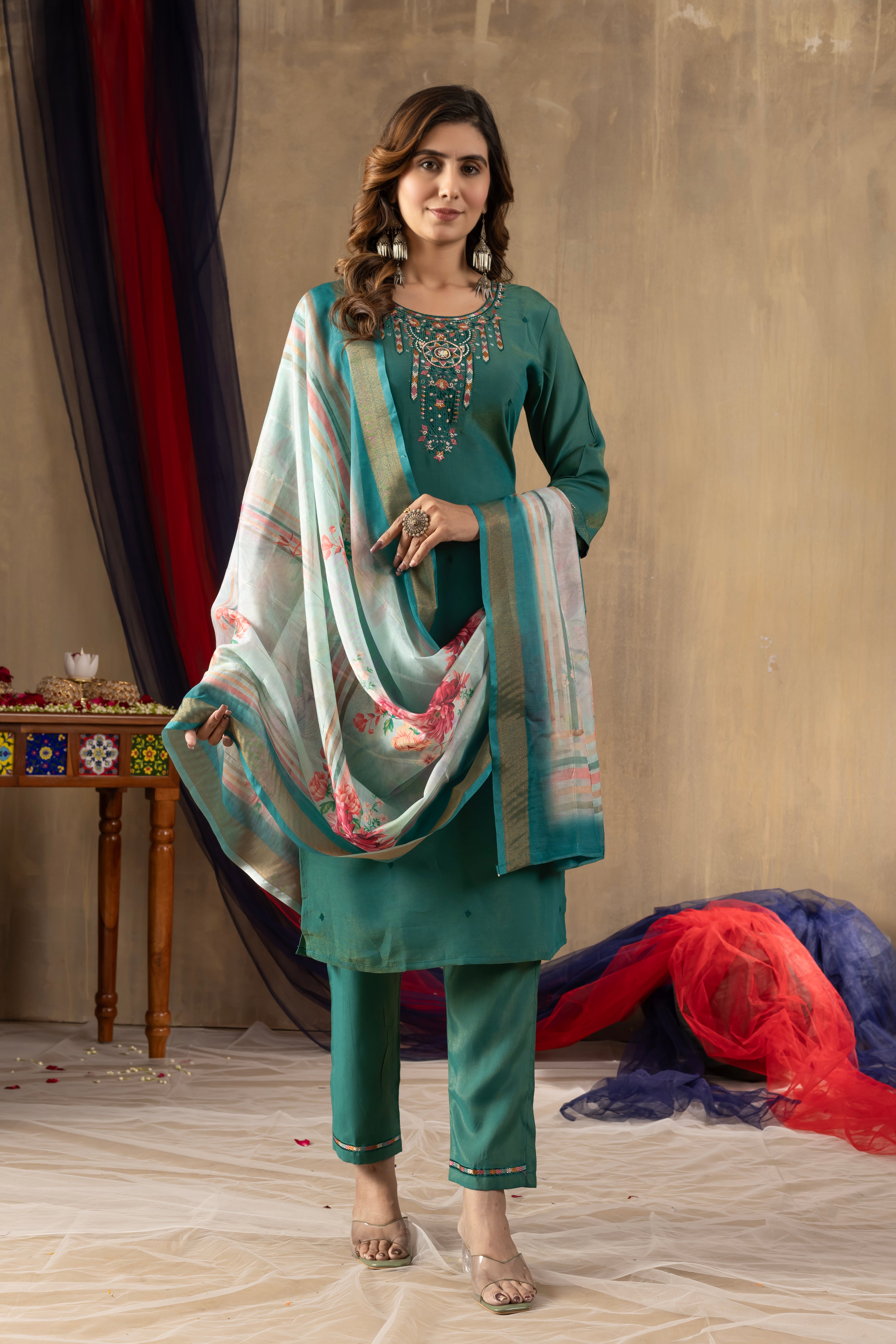 Teal Green Embroidered Kurti Pant Dupatta Set | Premium Festive Ethnic Wear