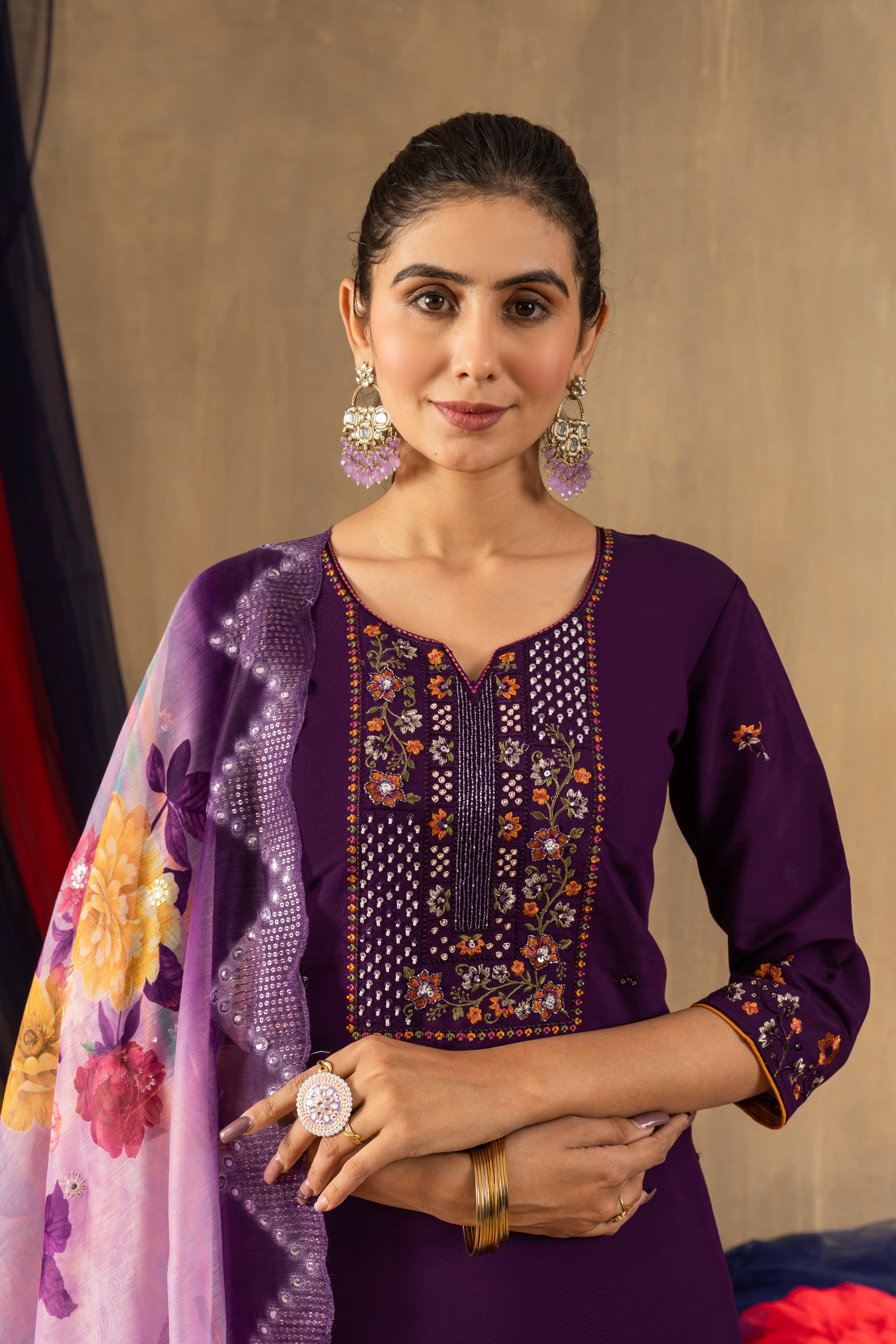 Black ,purple, Rama color Embroidered Kurti Pant Dupatta Set | Premium Ethnic Wear for Women