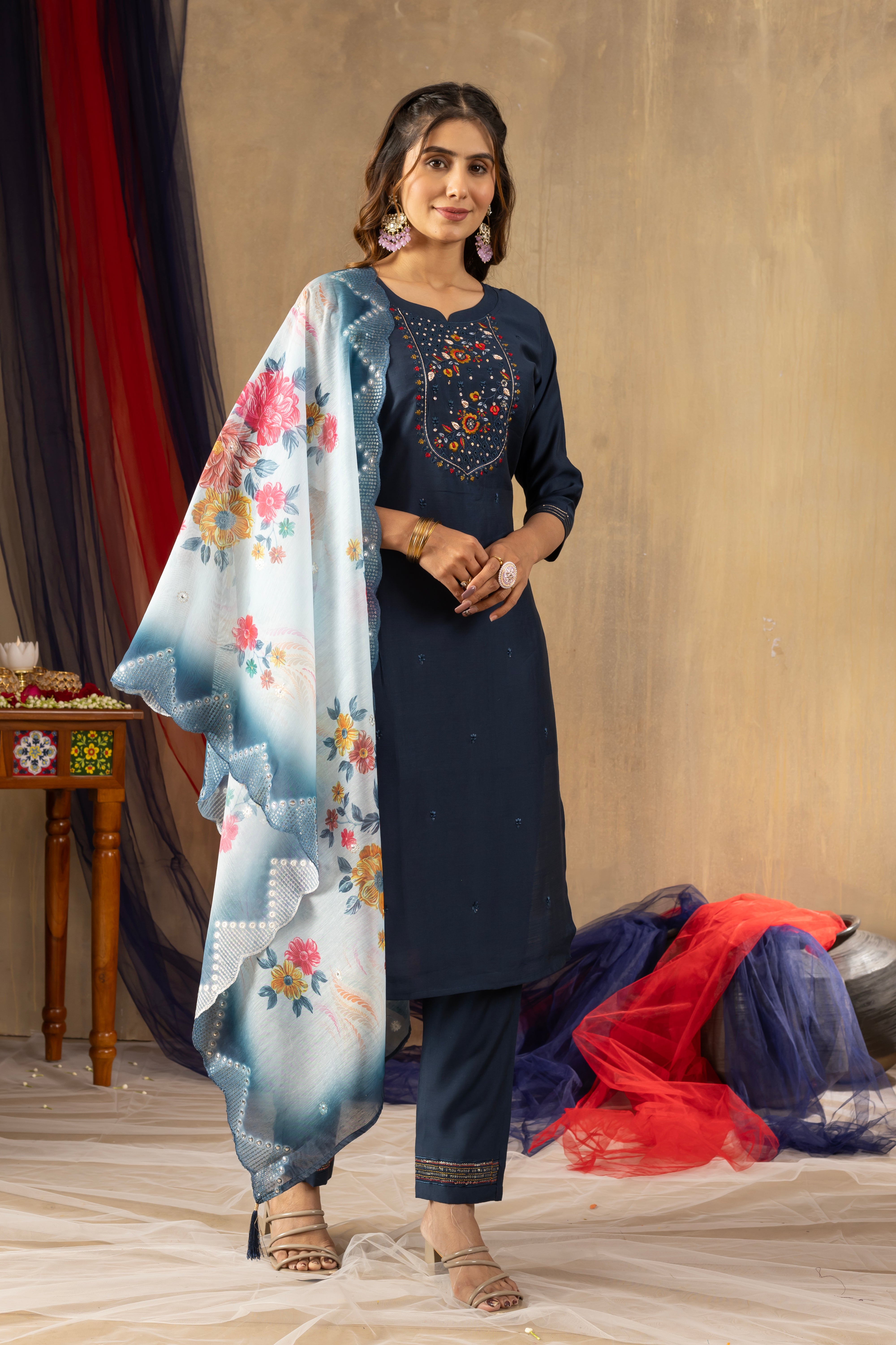 Premium Embroidered Kurti Set with Printed Dupatta | Elegant Ethnic Wear for Women | AAVERA