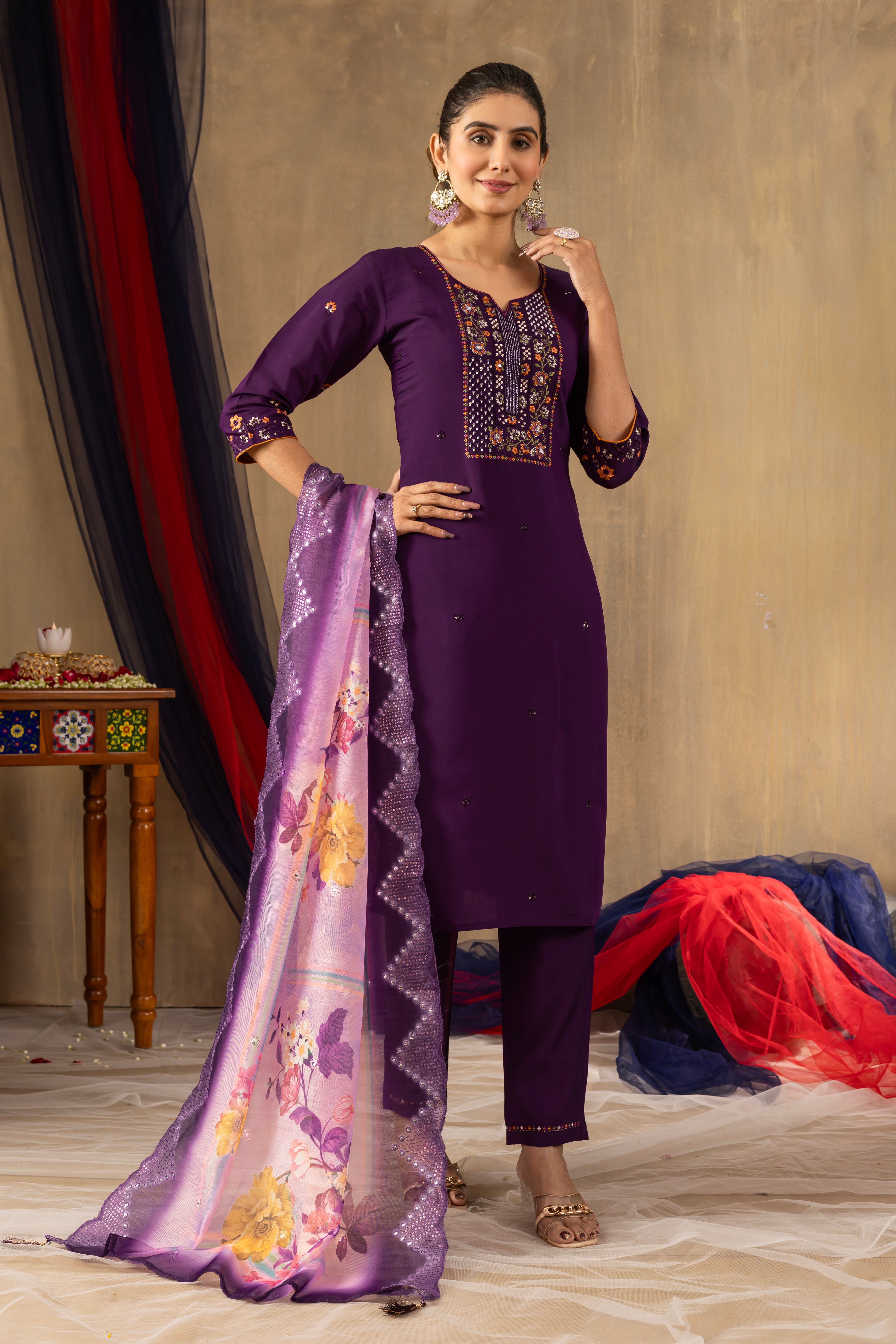 Black ,purple, Rama color Embroidered Kurti Pant Dupatta Set | Premium Ethnic Wear for Women