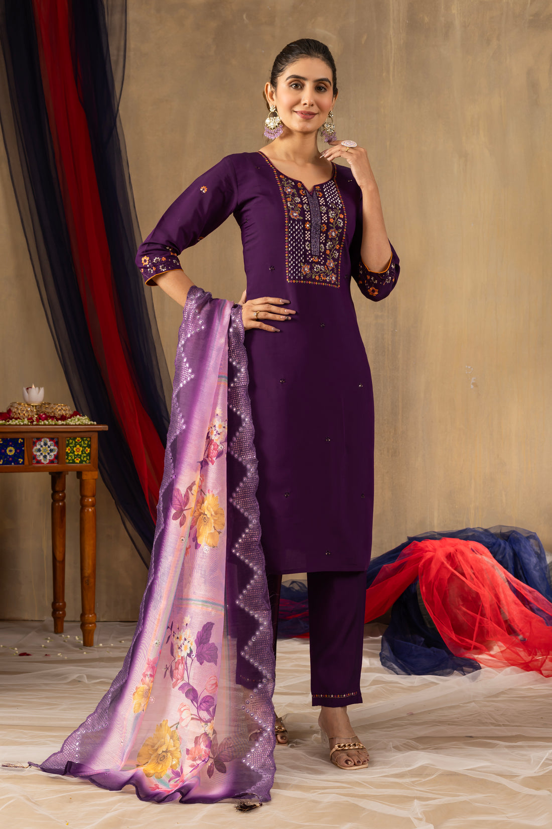 Black ,purple, Rama color Embroidered Kurti Pant Dupatta Set | Premium Ethnic Wear for Women