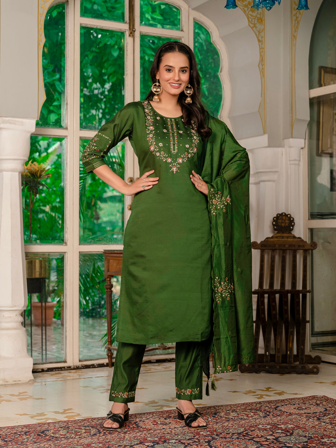 Royal Purple,Perrot,Musted Yellow, Green Embroidered Kurti Pant Dupatta Set | Premium Festive Wear