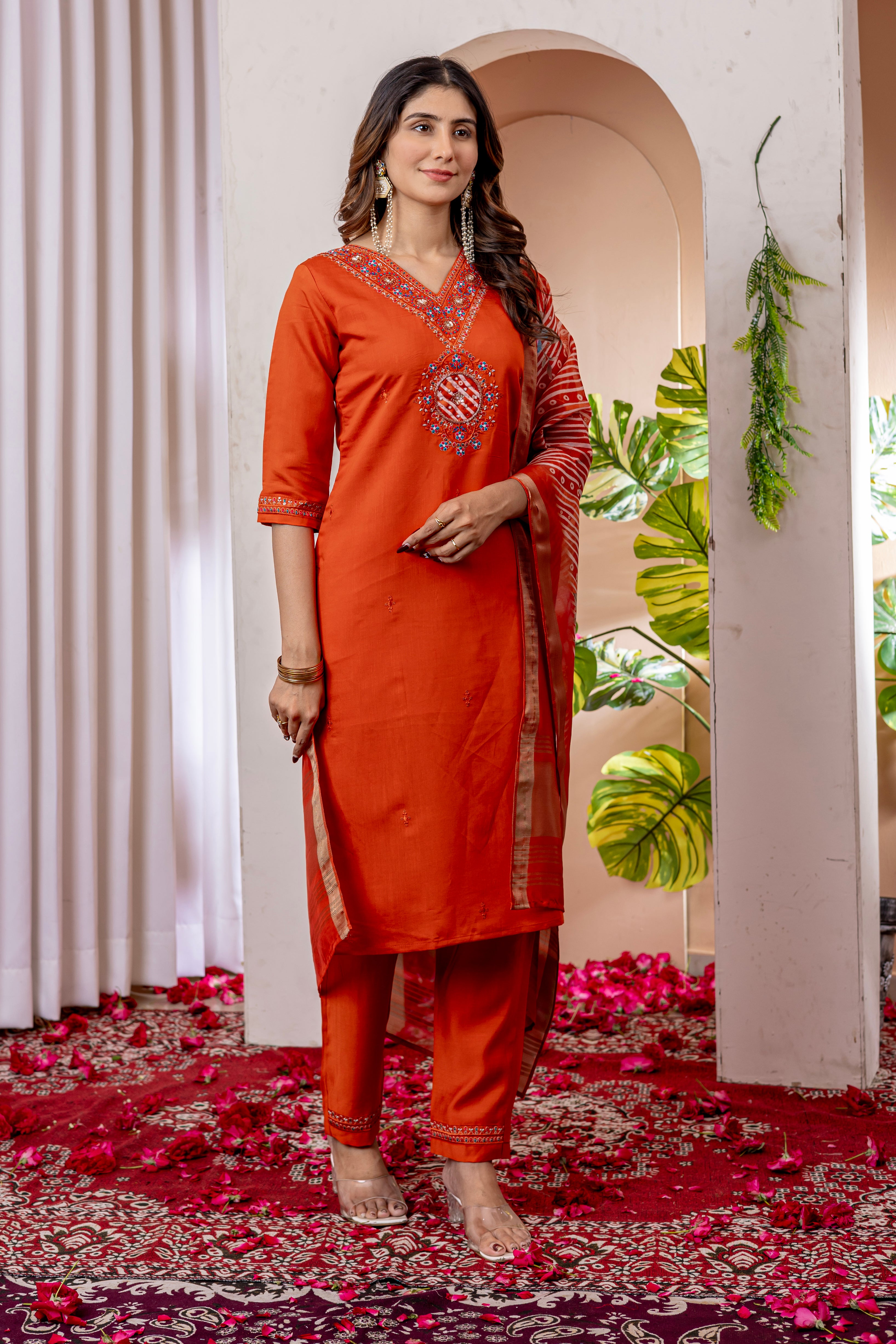 Designer Green, Wine, Orange Embroidered Kurti Pant Dupatta Set | Premium Festive Ethnic Wear
