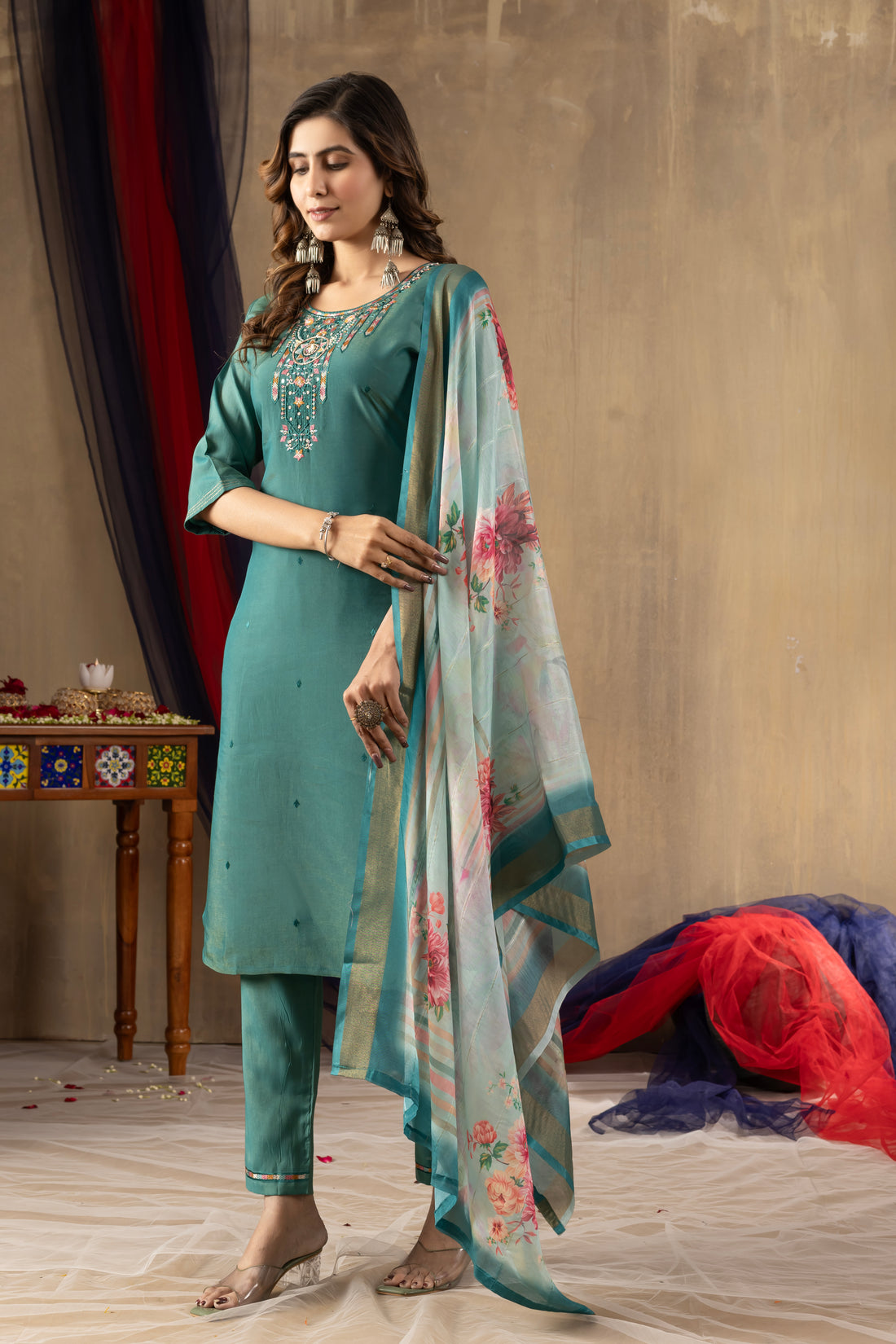 Teal Green Embroidered Kurti Pant Dupatta Set | Premium Festive Ethnic Wear