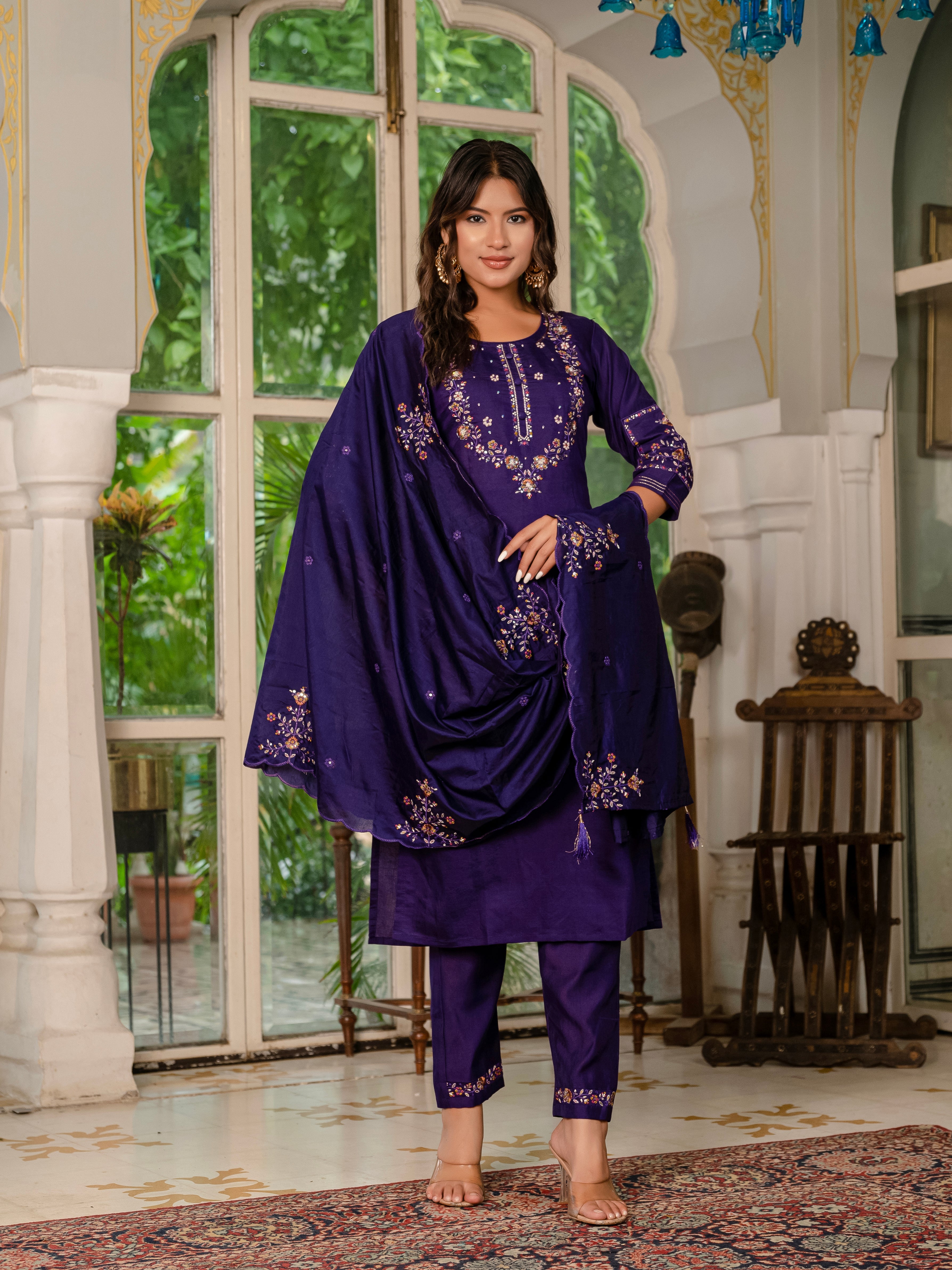Royal Purple,Perrot,Musted Yellow, Green Embroidered Kurti Pant Dupatta Set | Premium Festive Wear