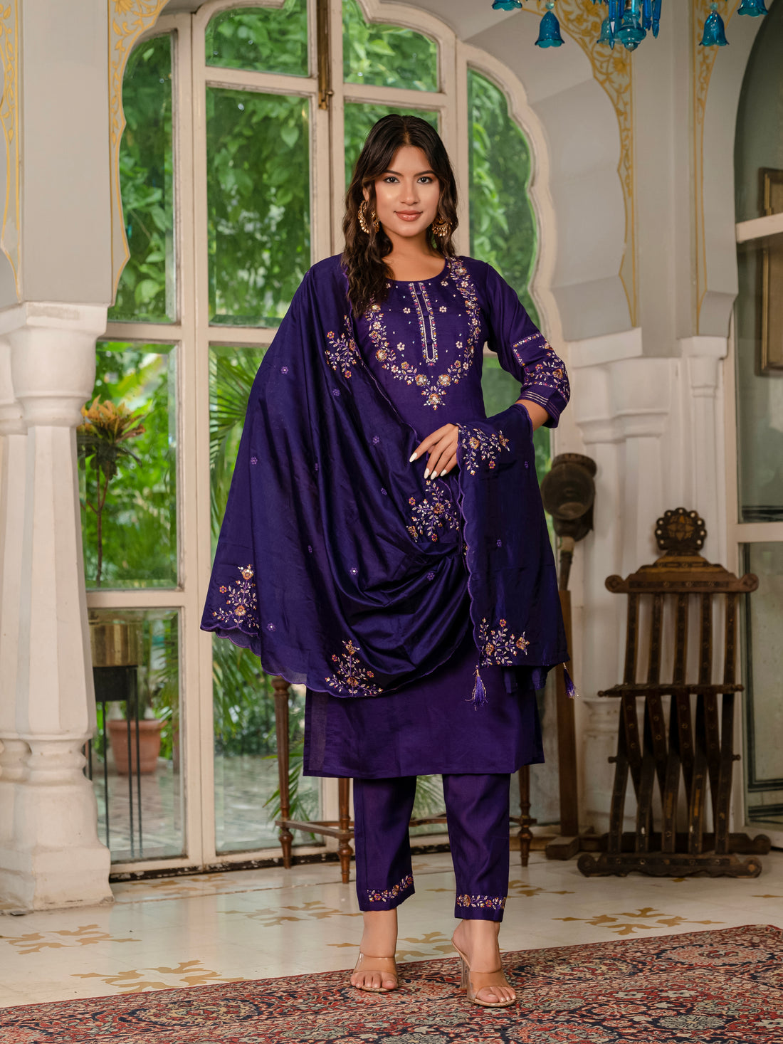 Royal Purple,Perrot,Musted Yellow, Green Embroidered Kurti Pant Dupatta Set | Premium Festive Wear