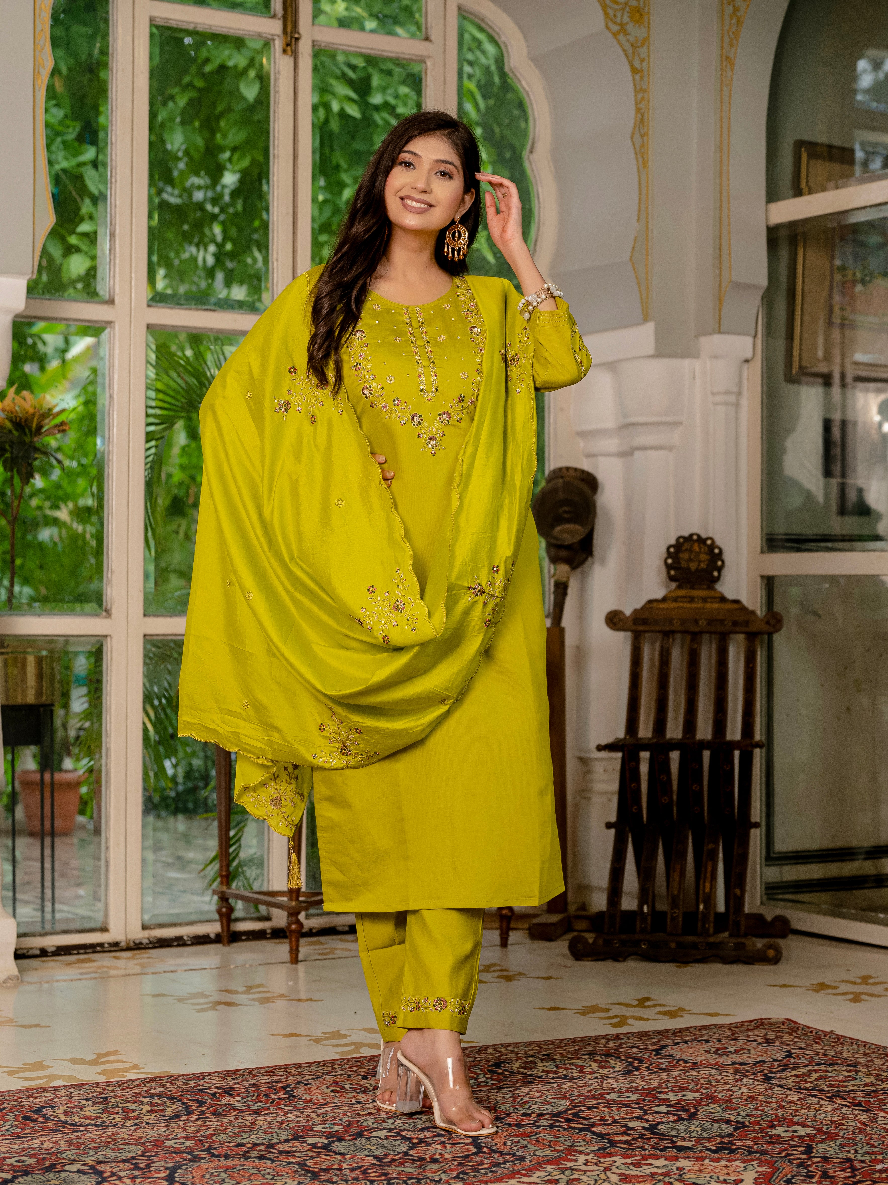 Royal Purple,Perrot,Musted Yellow, Green Embroidered Kurti Pant Dupatta Set | Premium Festive Wear