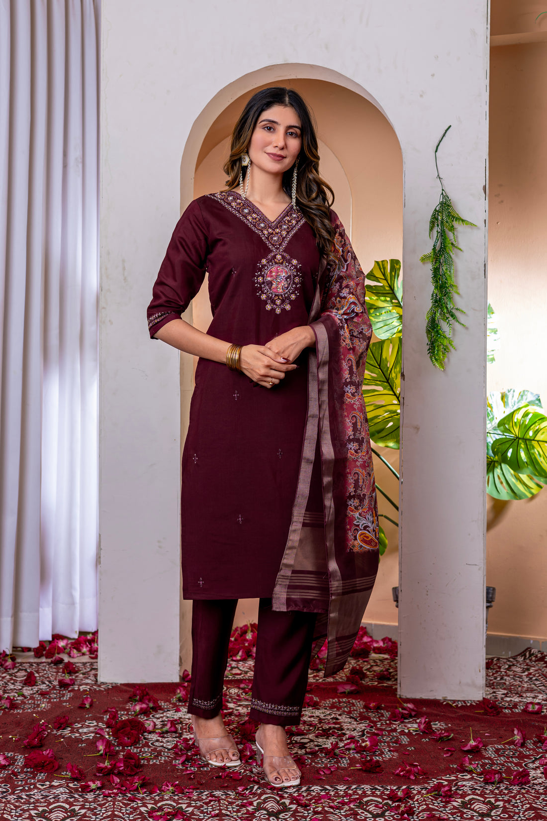 Designer Green, Wine, Orange Embroidered Kurti Pant Dupatta Set | Premium Festive Ethnic Wear