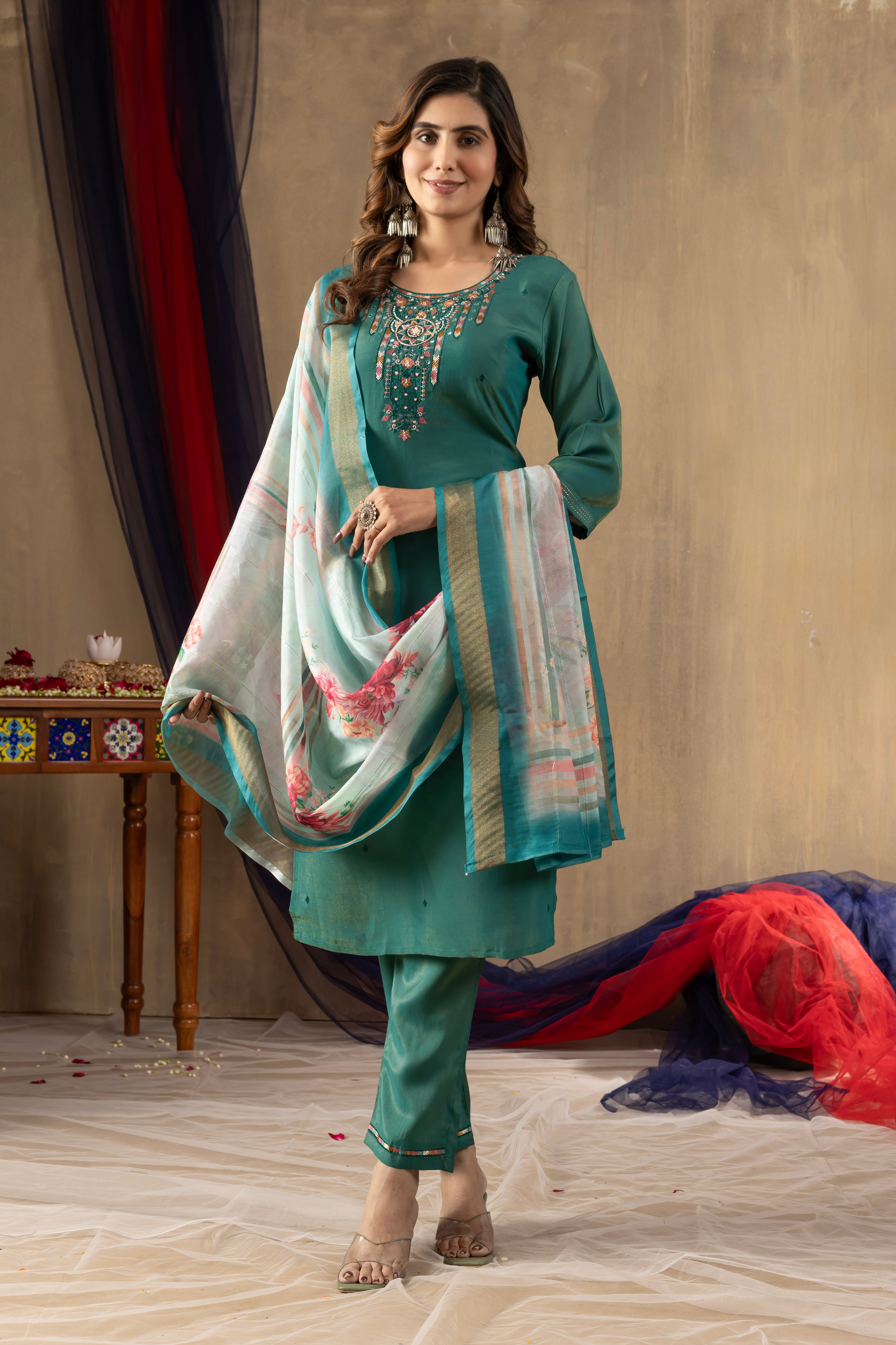 Teal Green Embroidered Kurti Pant Dupatta Set | Premium Festive Ethnic Wear