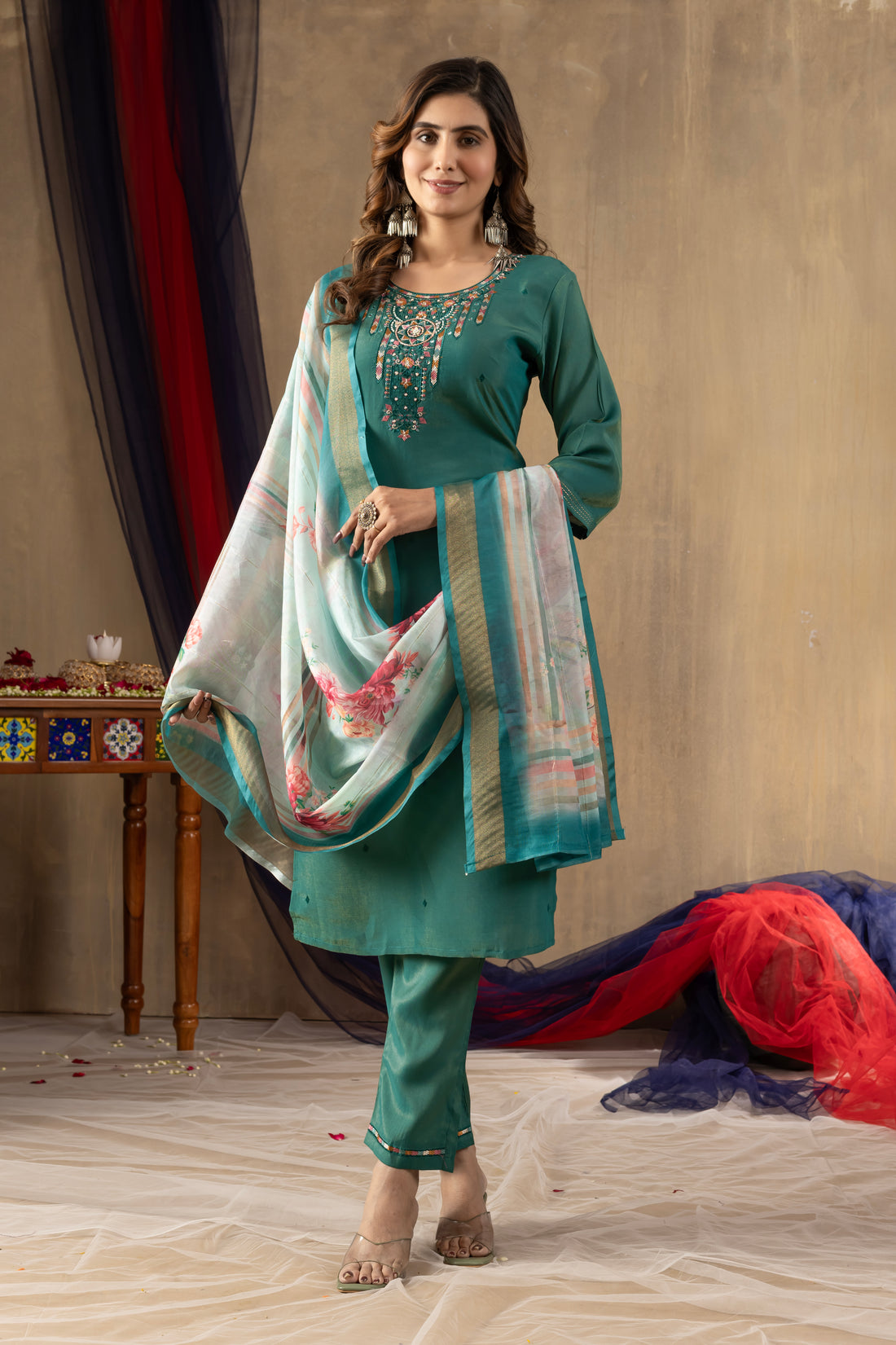 Teal Green Embroidered Kurti Pant Dupatta Set | Premium Festive Ethnic Wear
