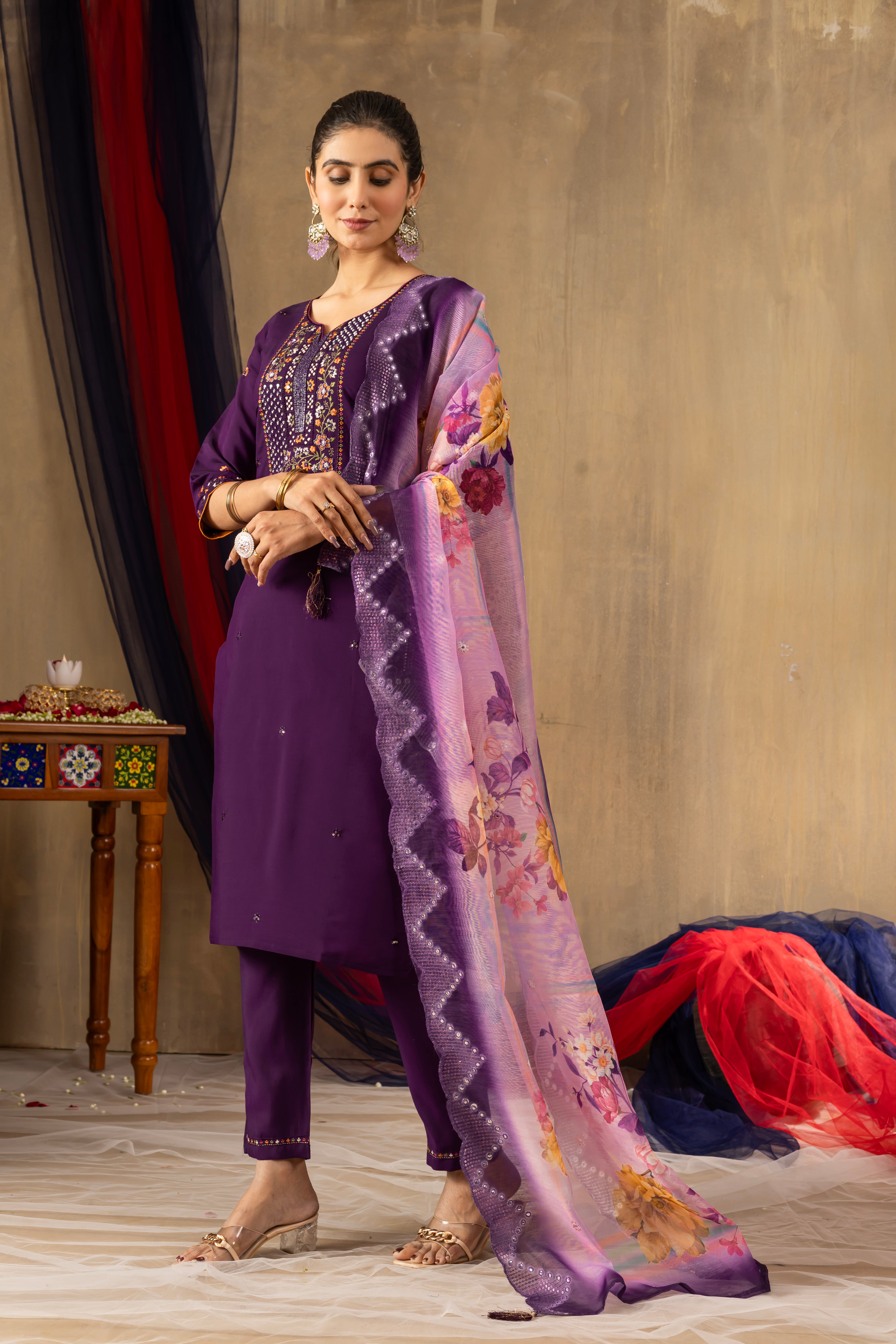 Black ,purple, Rama color Embroidered Kurti Pant Dupatta Set | Premium Ethnic Wear for Women
