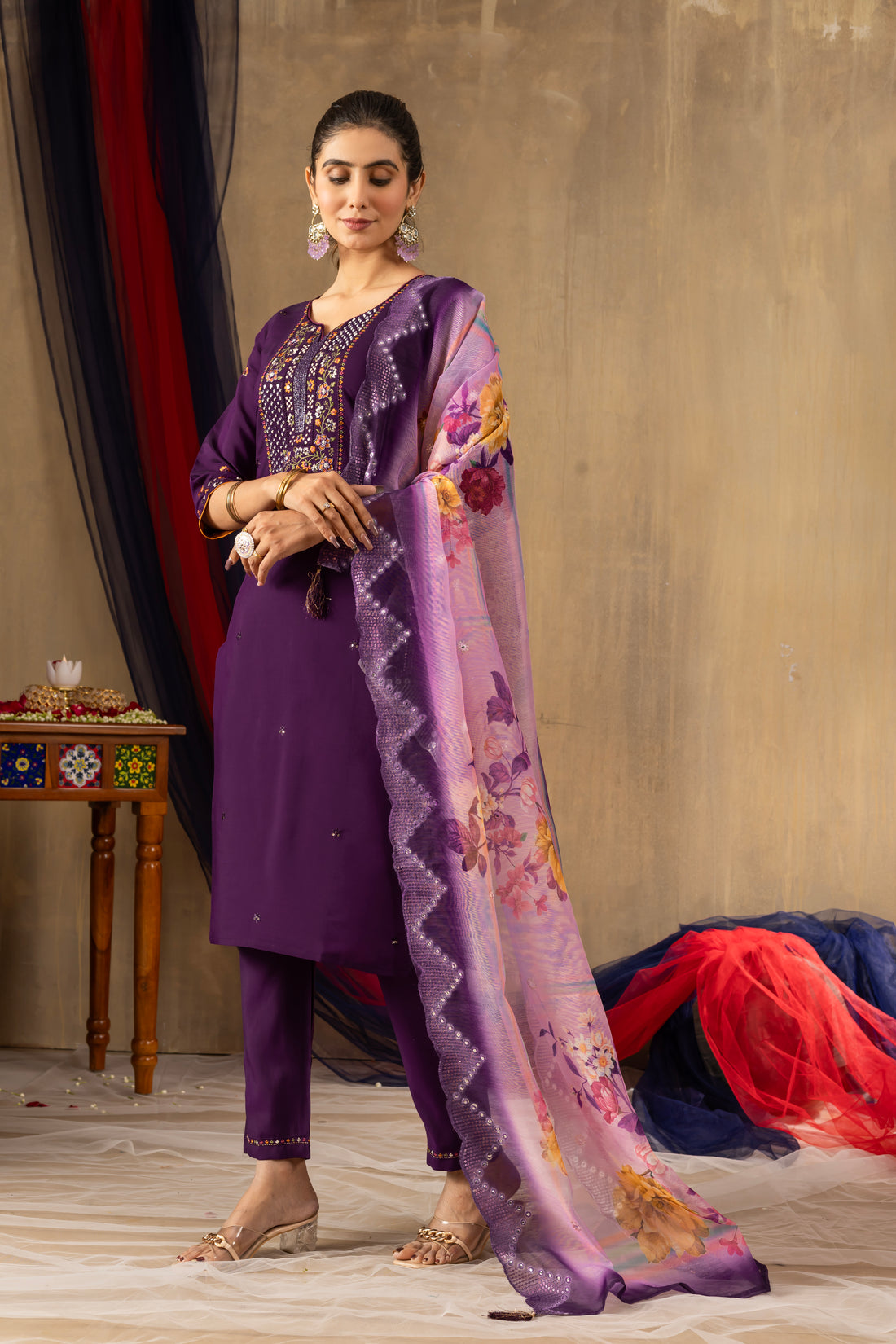 Black ,purple, Rama color Embroidered Kurti Pant Dupatta Set | Premium Ethnic Wear for Women
