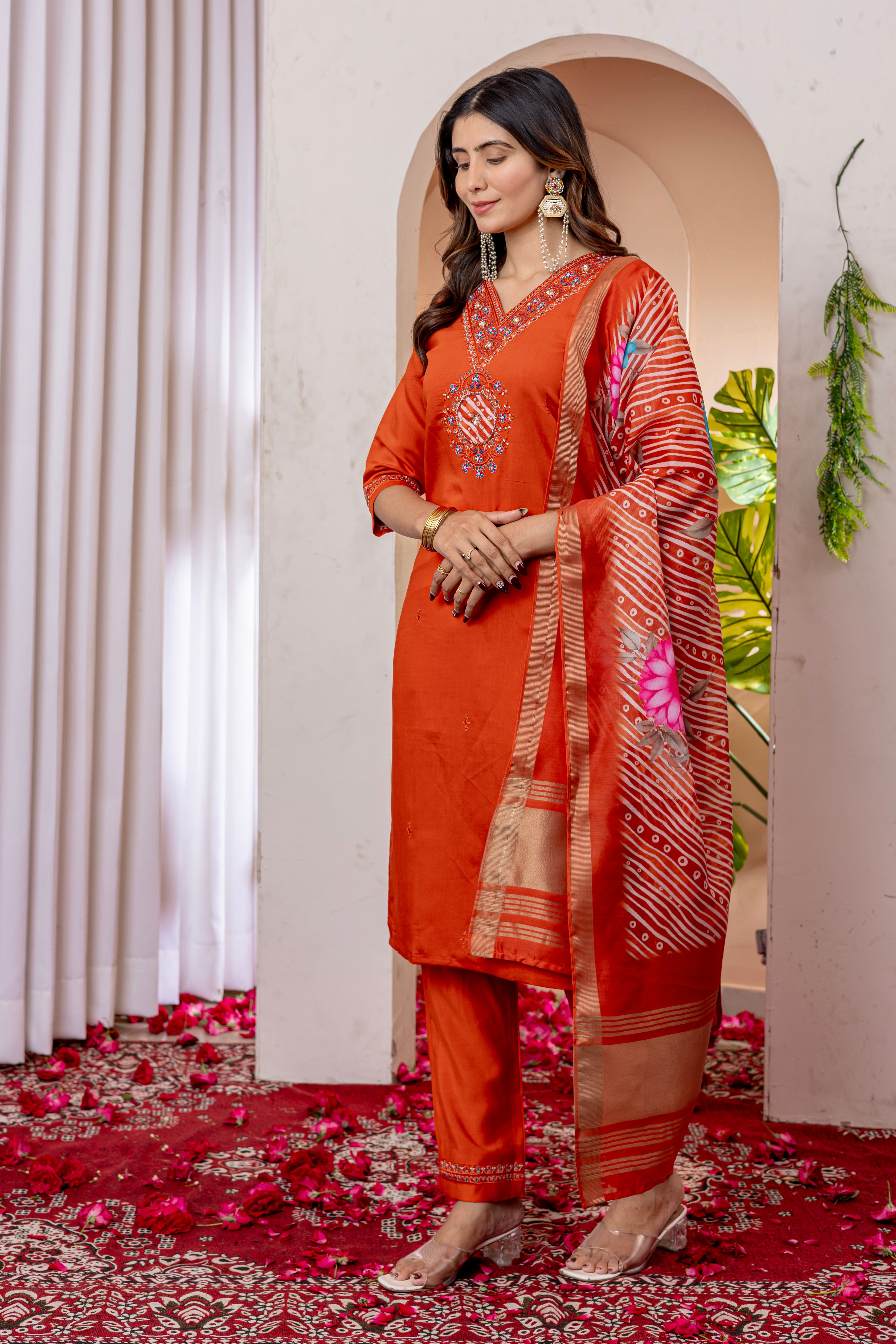 Designer Green, Wine, Orange Embroidered Kurti Pant Dupatta Set | Premium Festive Ethnic Wear