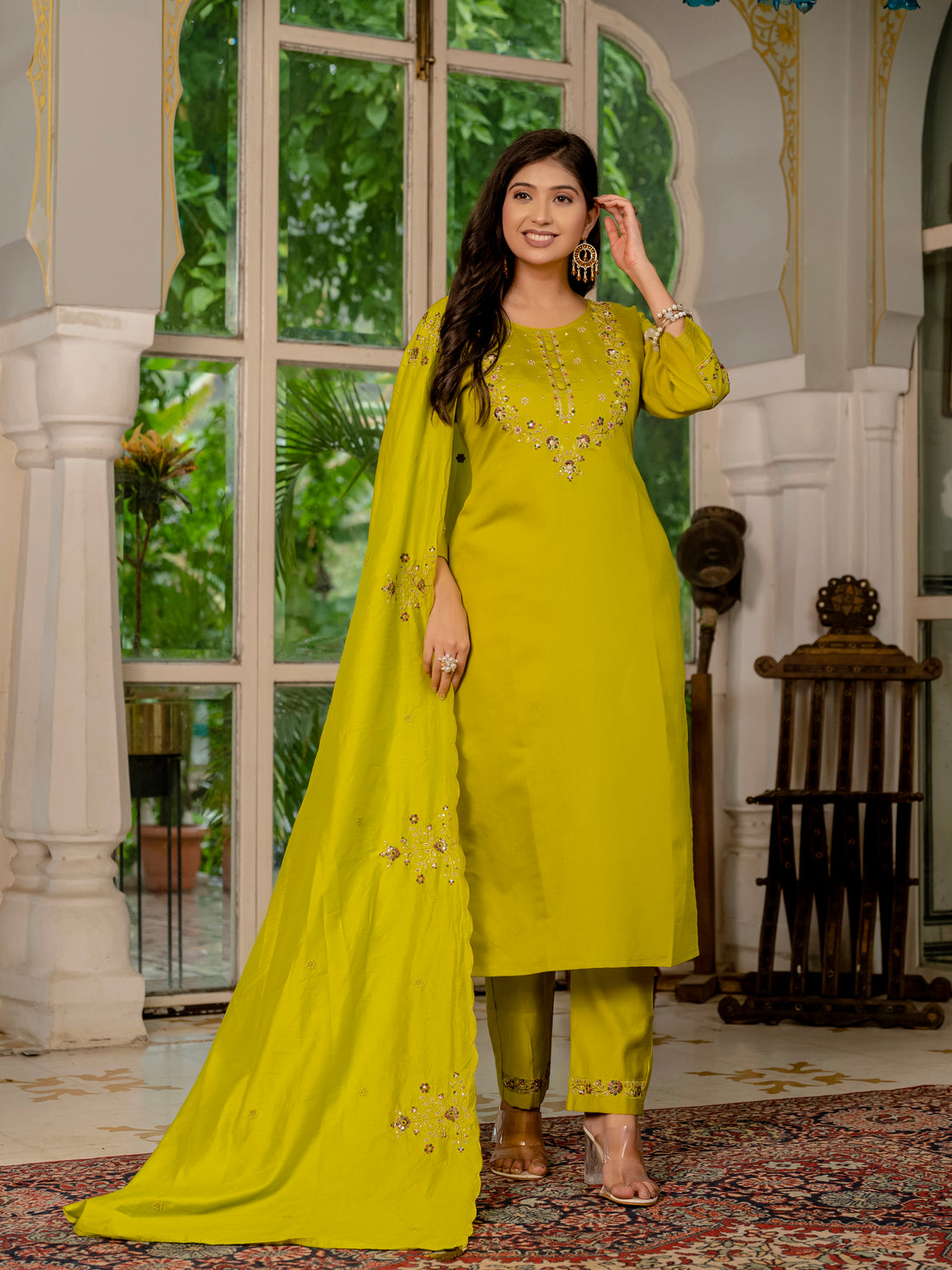 Royal Purple,Perrot,Musted Yellow, Green Embroidered Kurti Pant Dupatta Set | Premium Festive Wear