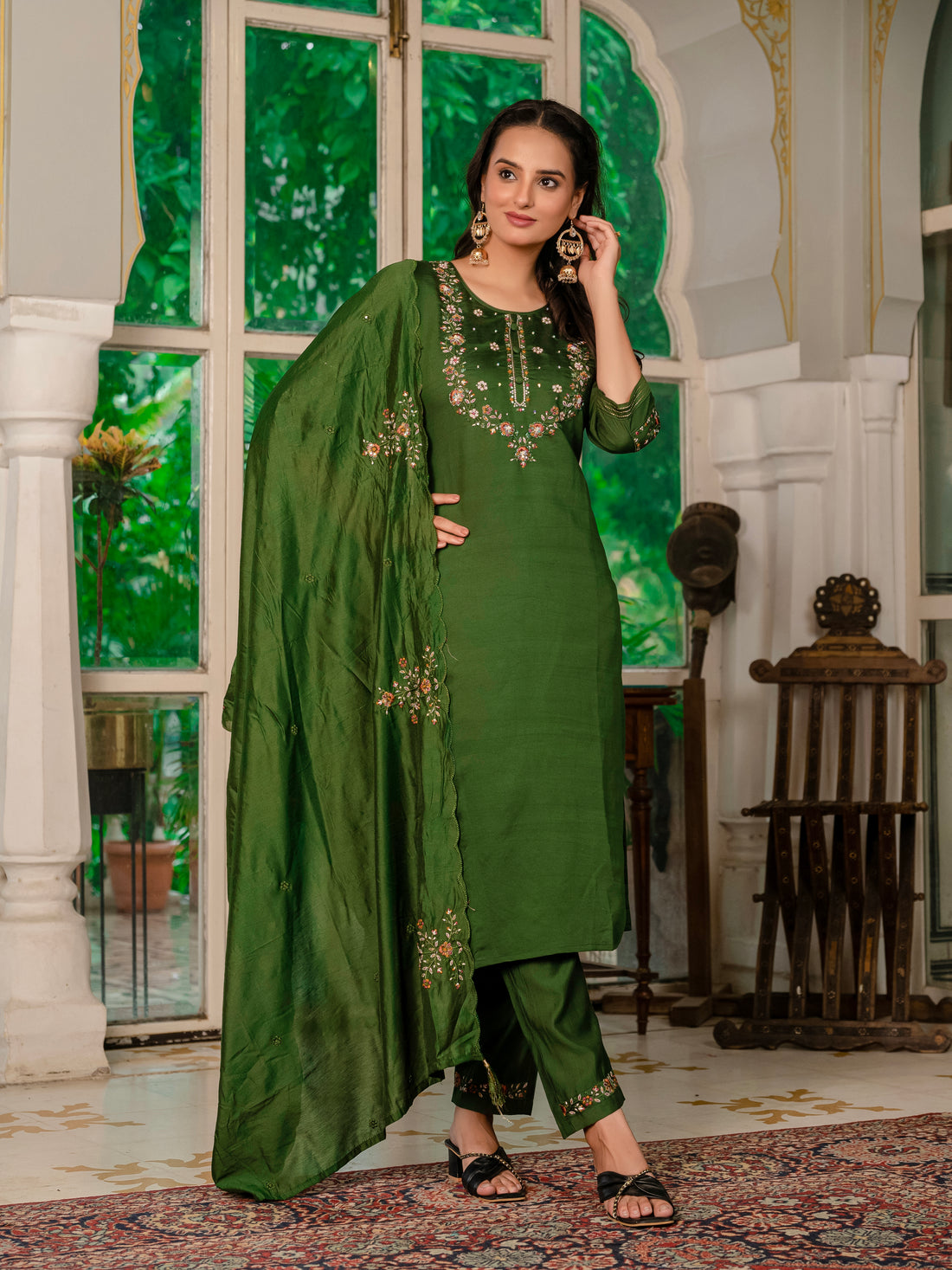 Royal Purple,Perrot,Musted Yellow, Green Embroidered Kurti Pant Dupatta Set | Premium Festive Wear