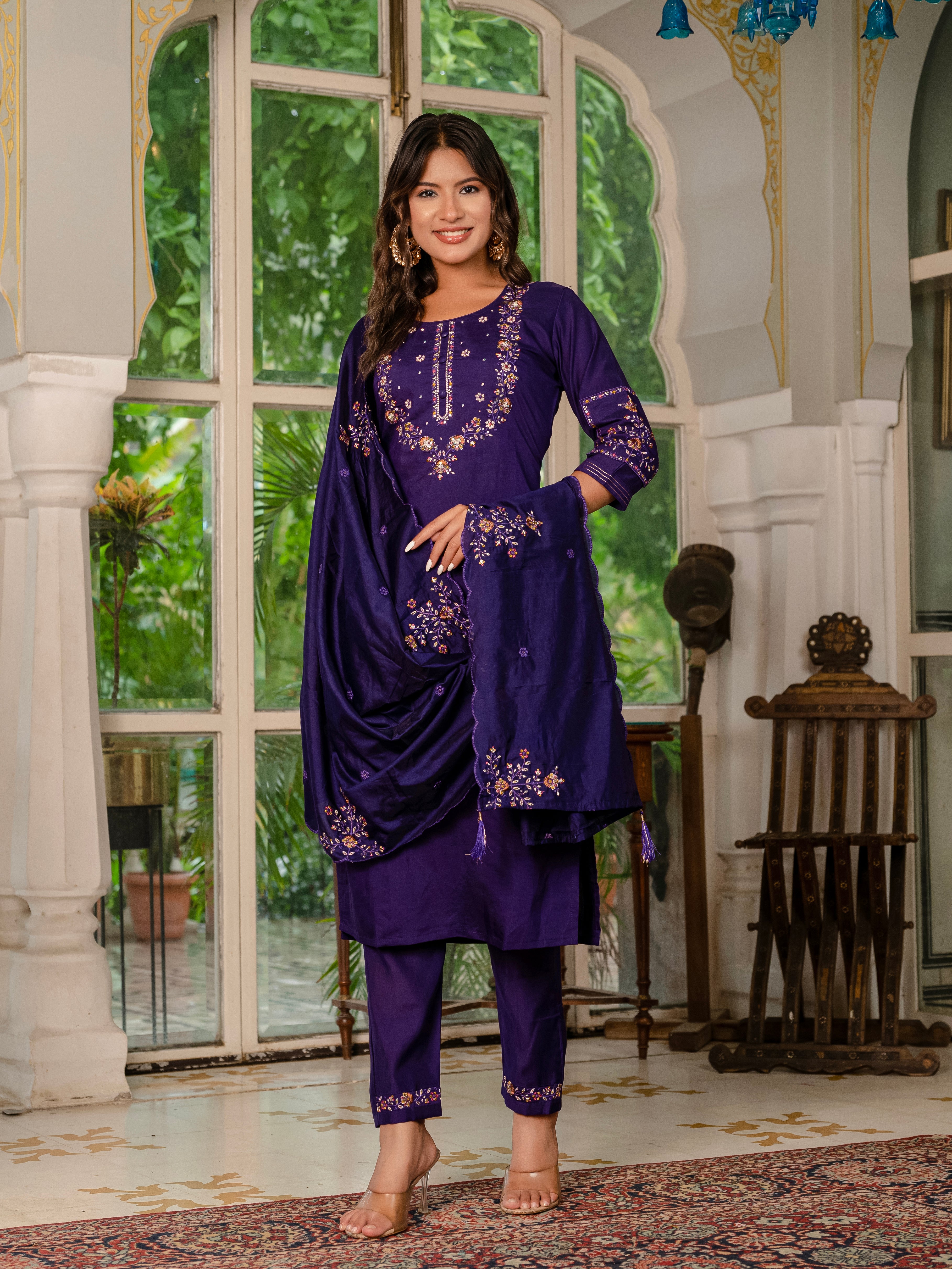Royal Purple,Perrot,Musted Yellow, Green Embroidered Kurti Pant Dupatta Set | Premium Festive Wear