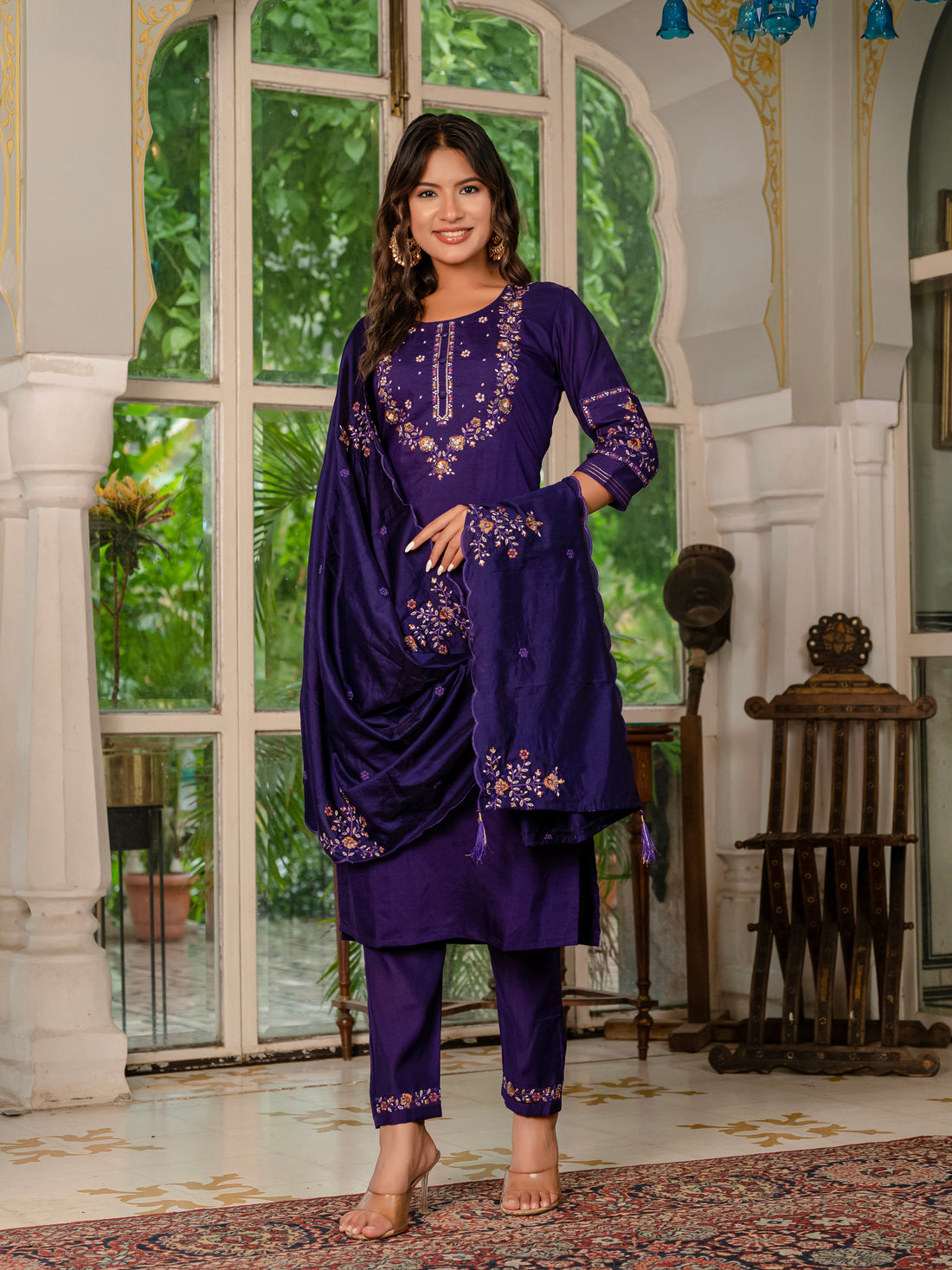Royal Purple,Perrot,Musted Yellow, Green Embroidered Kurti Pant Dupatta Set | Premium Festive Wear