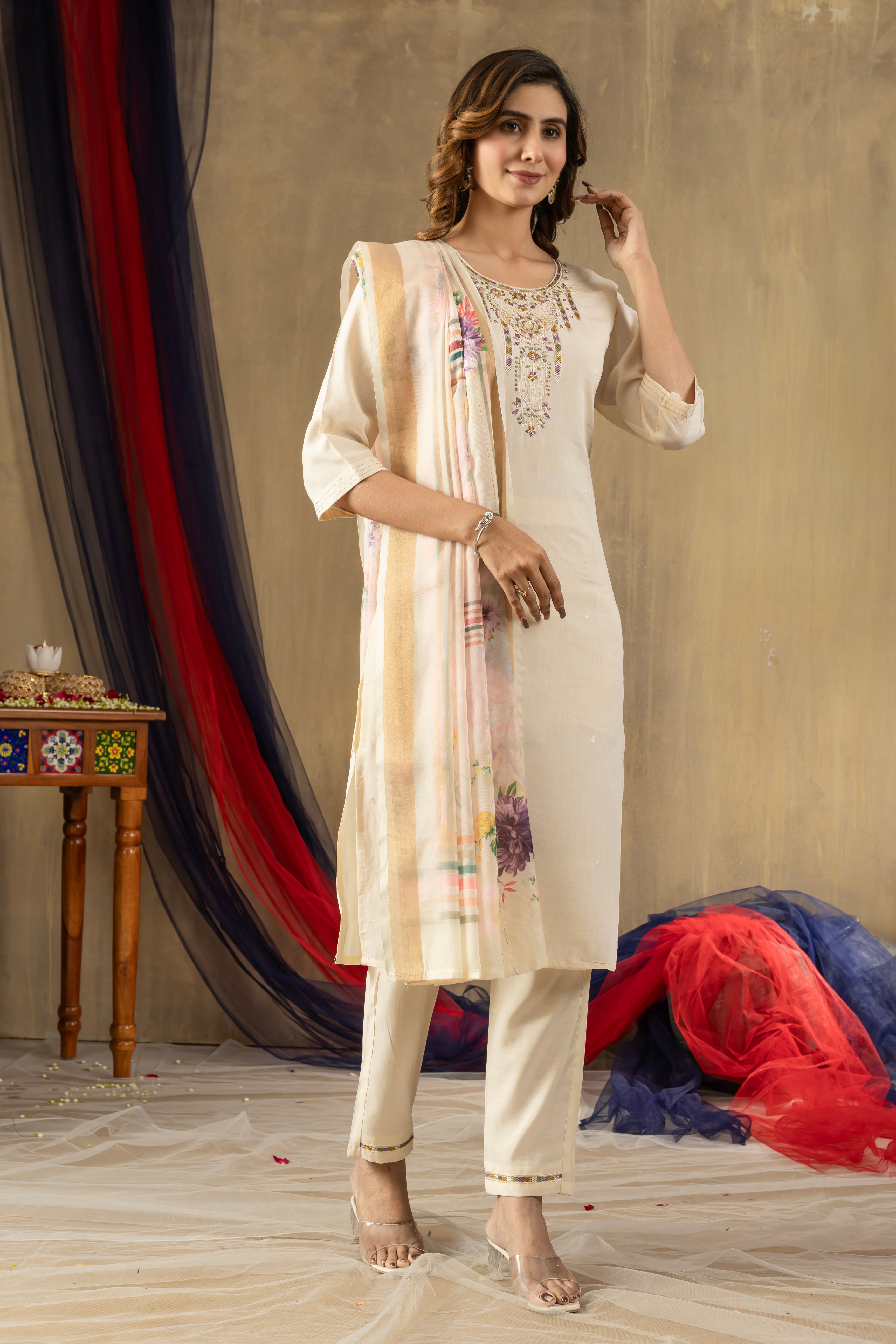 Cream Embroidered Kurti Pant Dupatta Set | Premium Ethnic Wear for Women