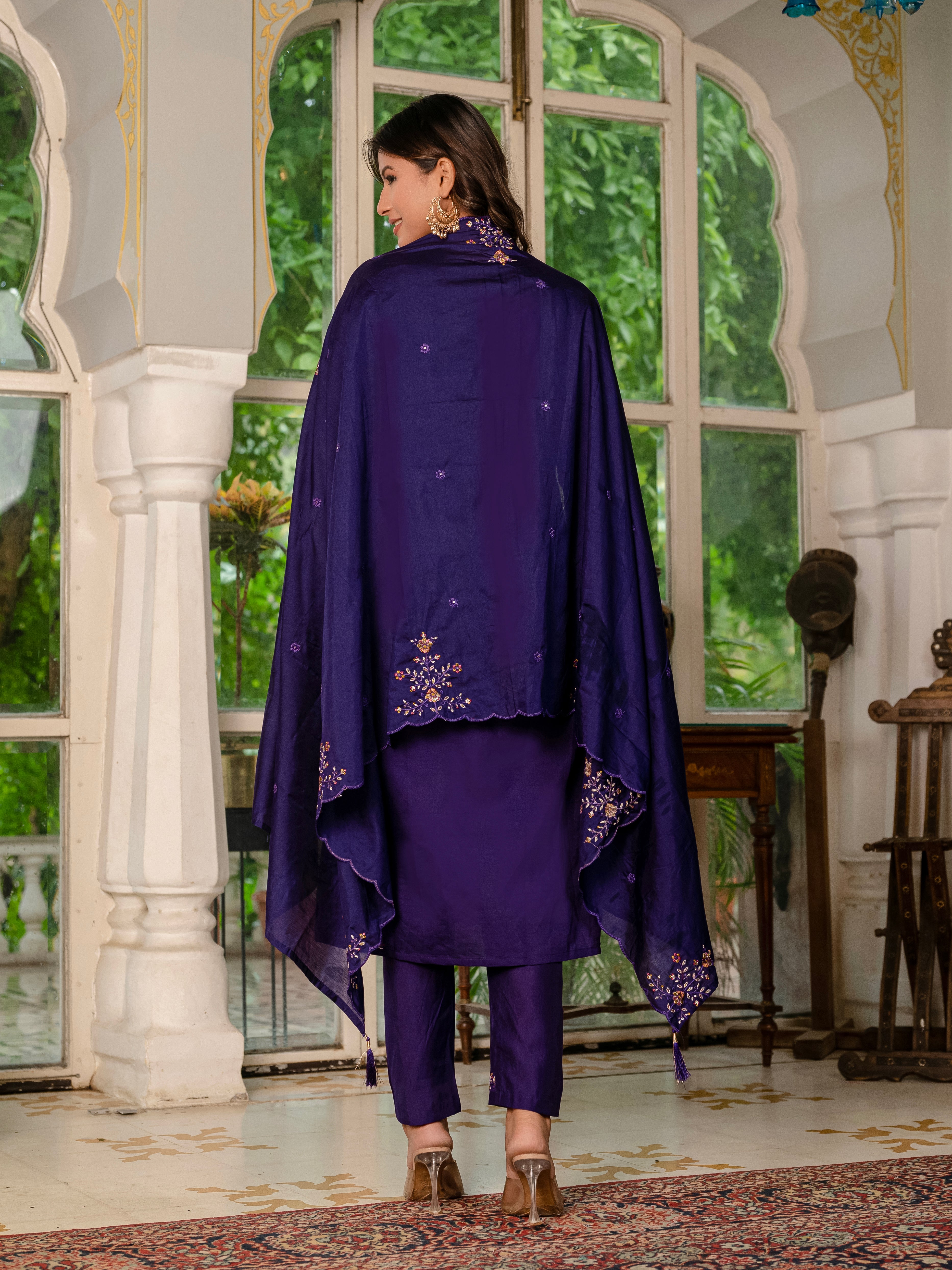 Royal Purple,Perrot,Musted Yellow, Green Embroidered Kurti Pant Dupatta Set | Premium Festive Wear