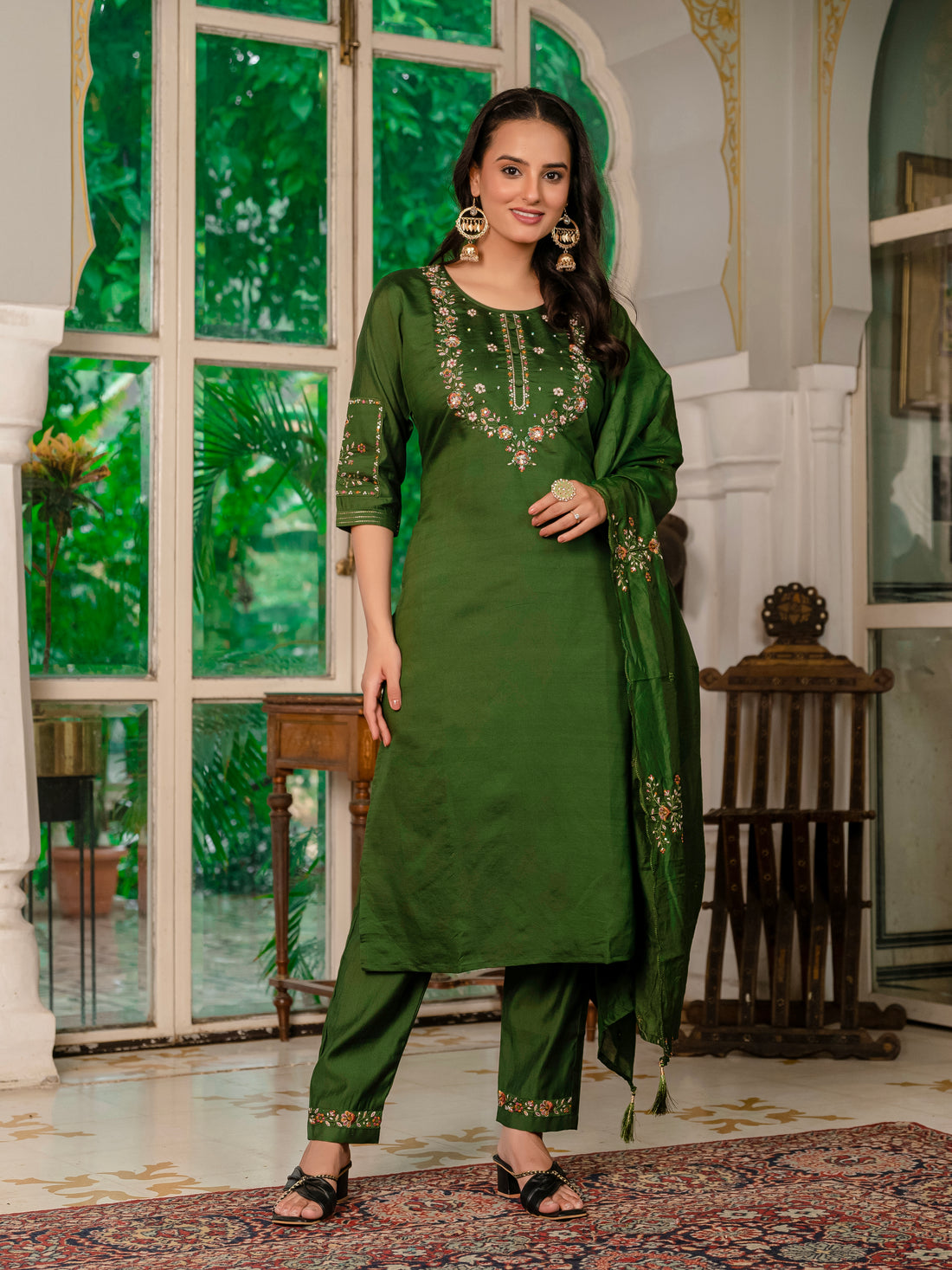 Royal Purple,Perrot,Musted Yellow, Green Embroidered Kurti Pant Dupatta Set | Premium Festive Wear