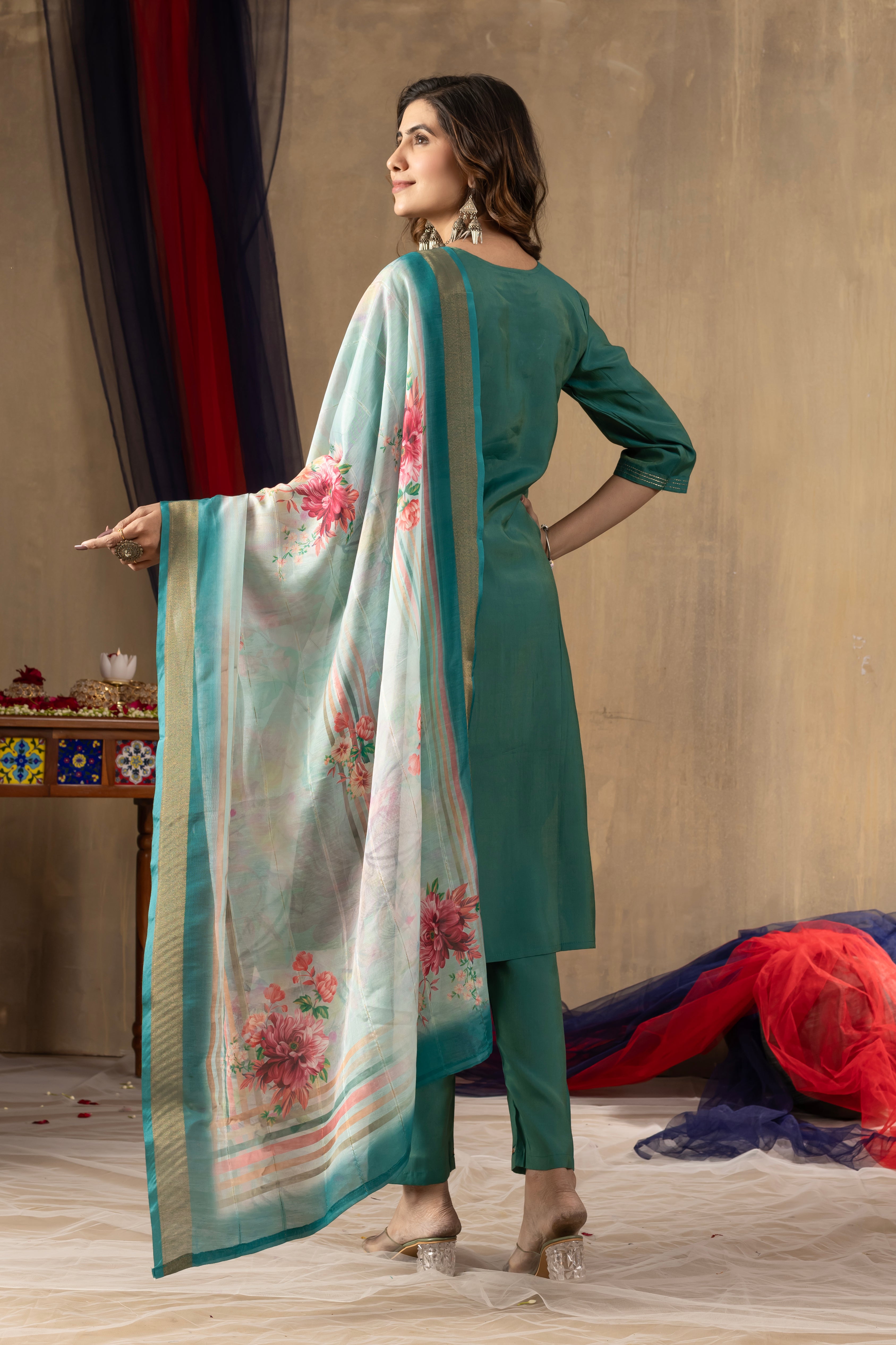 Teal Green Embroidered Kurti Pant Dupatta Set | Premium Festive Ethnic Wear