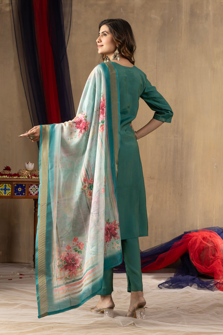 Teal Green Embroidered Kurti Pant Dupatta Set | Premium Festive Ethnic Wear
