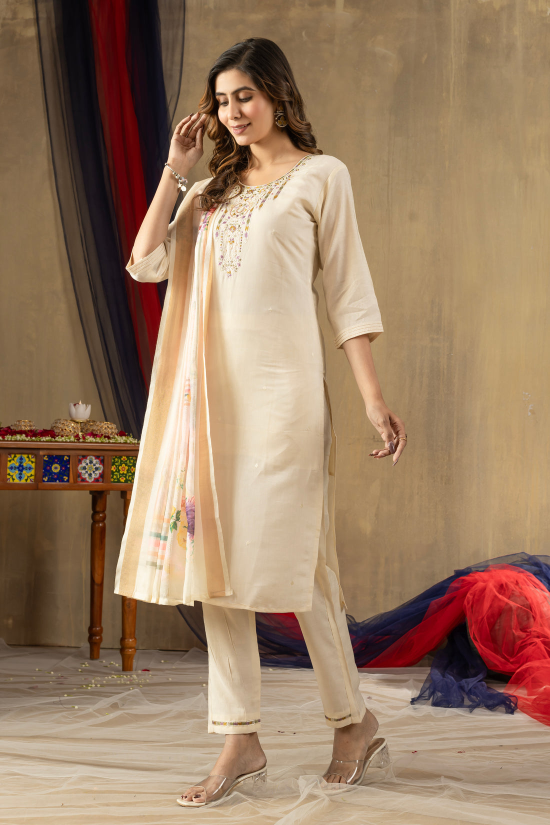 Cream Embroidered Kurti Pant Dupatta Set | Premium Ethnic Wear for Women