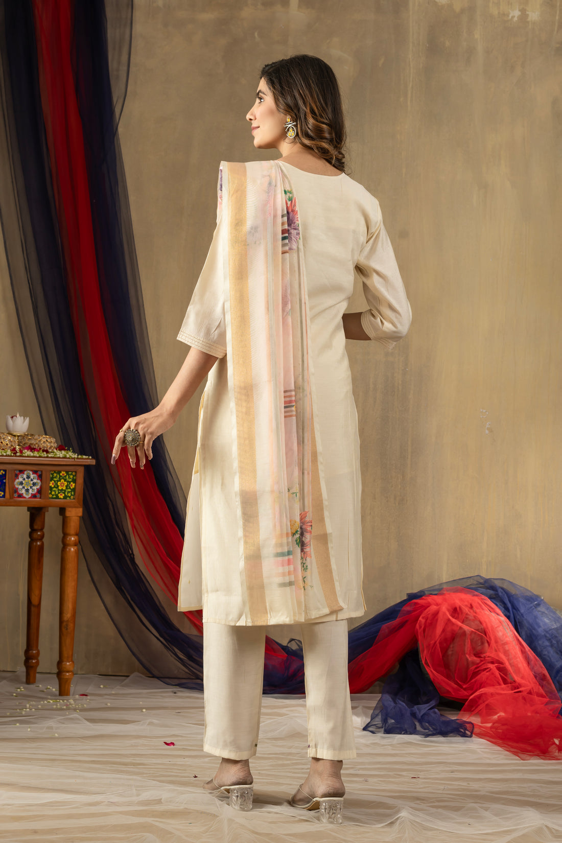 Cream Embroidered Kurti Pant Dupatta Set | Premium Ethnic Wear for Women
