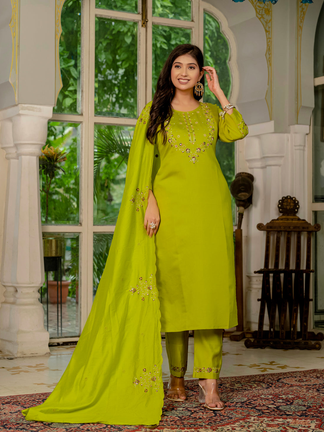 Royal Purple,Perrot,Musted Yellow, Green Embroidered Kurti Pant Dupatta Set | Premium Festive Wear