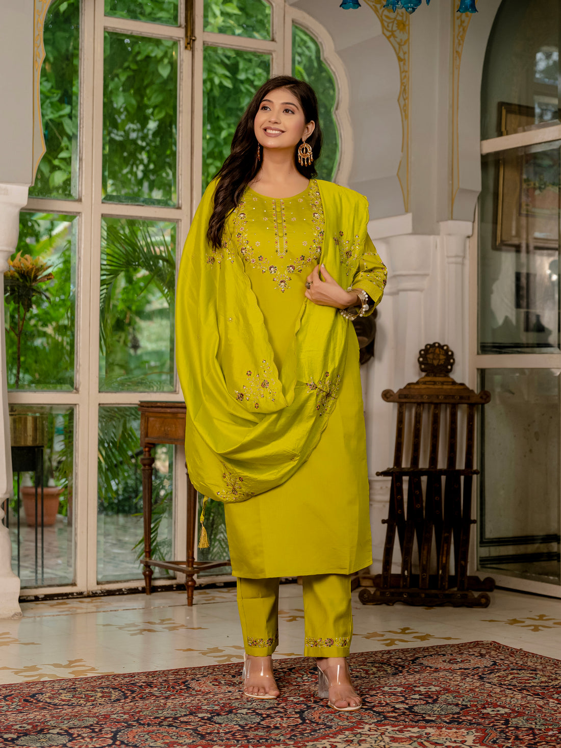 Royal Purple,Perrot,Musted Yellow, Green Embroidered Kurti Pant Dupatta Set | Premium Festive Wear