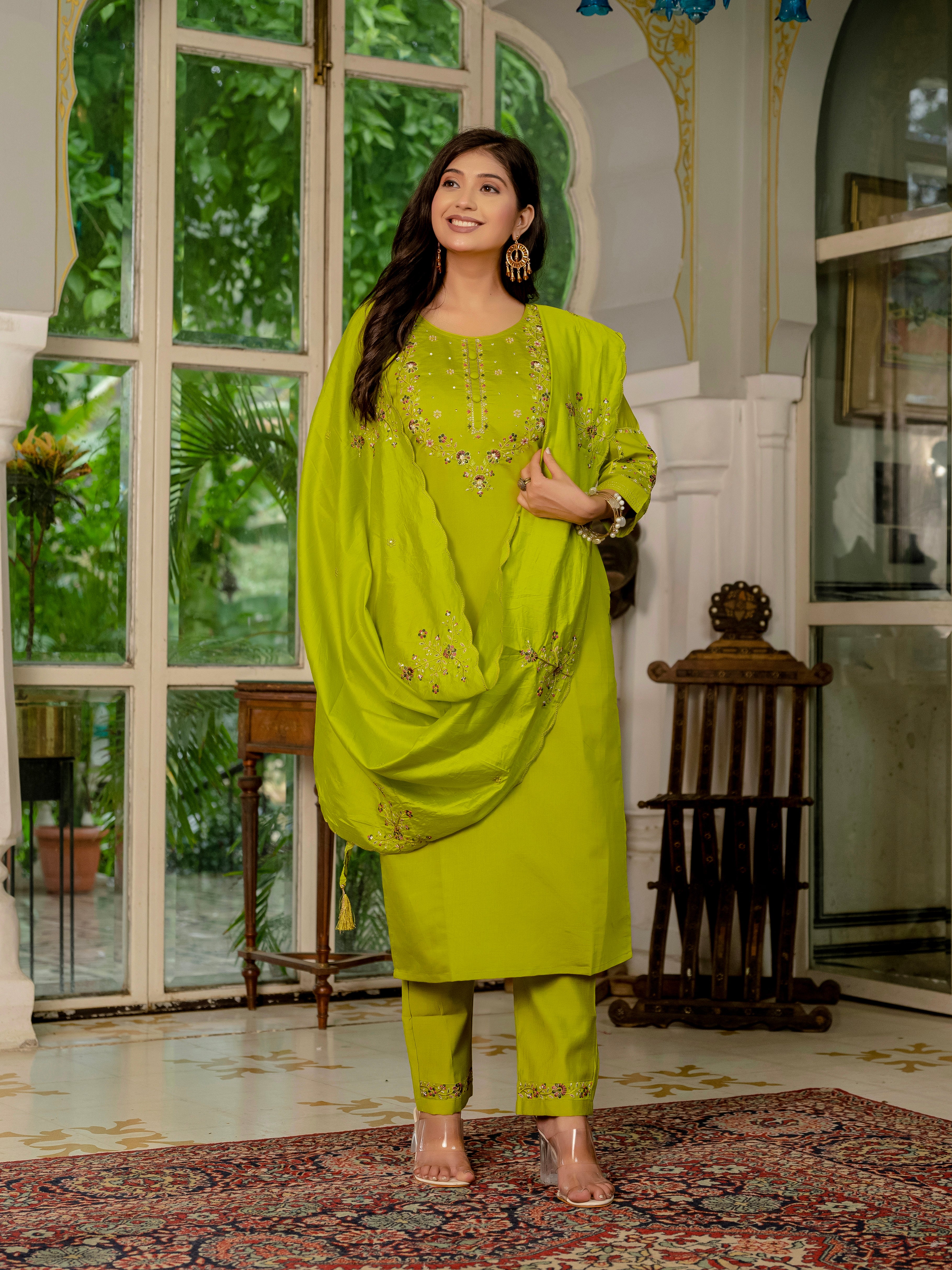 Royal Purple,Perrot,Musted Yellow, Green Embroidered Kurti Pant Dupatta Set | Premium Festive Wear