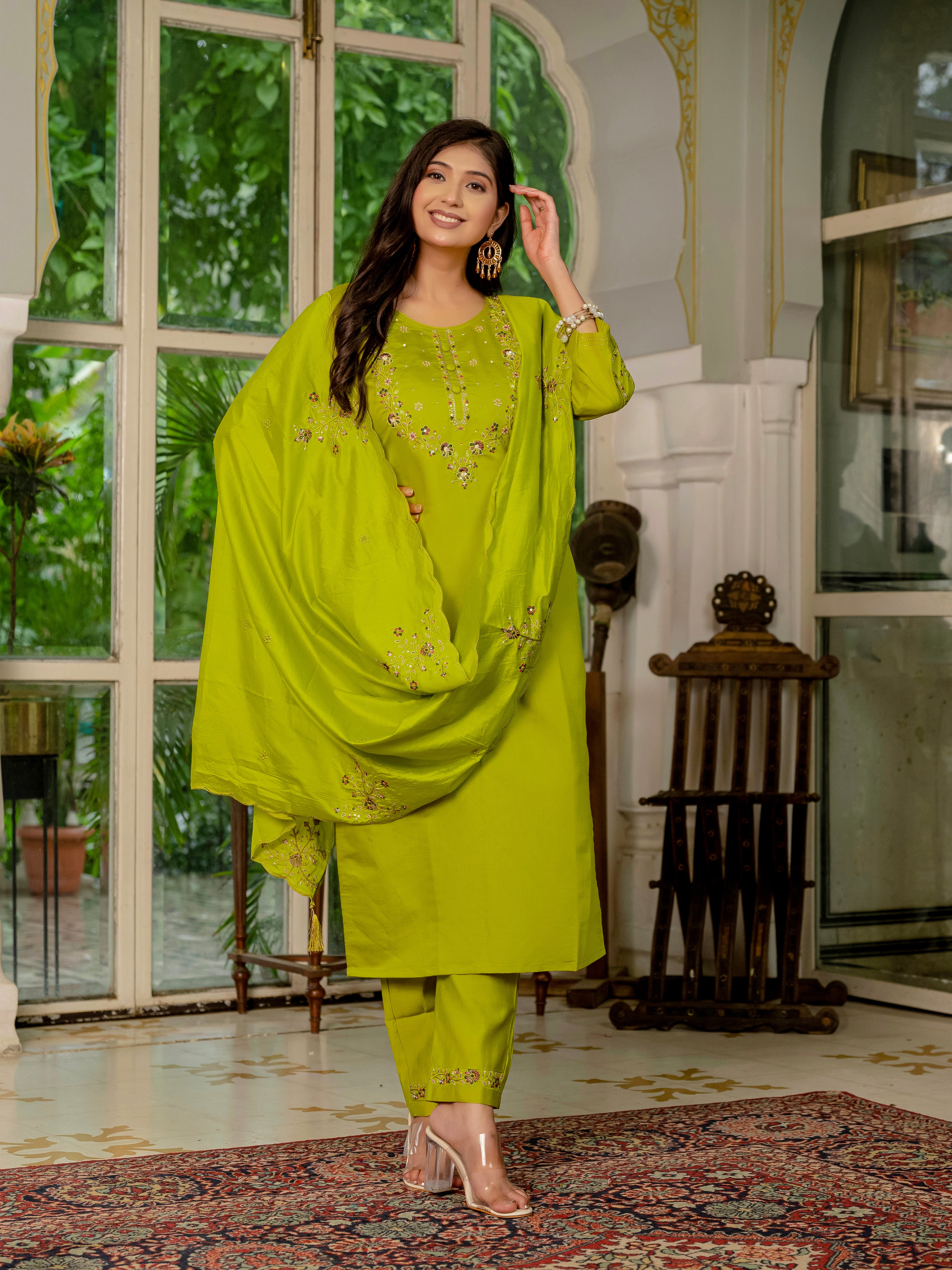 Royal Purple,Perrot,Musted Yellow, Green Embroidered Kurti Pant Dupatta Set | Premium Festive Wear
