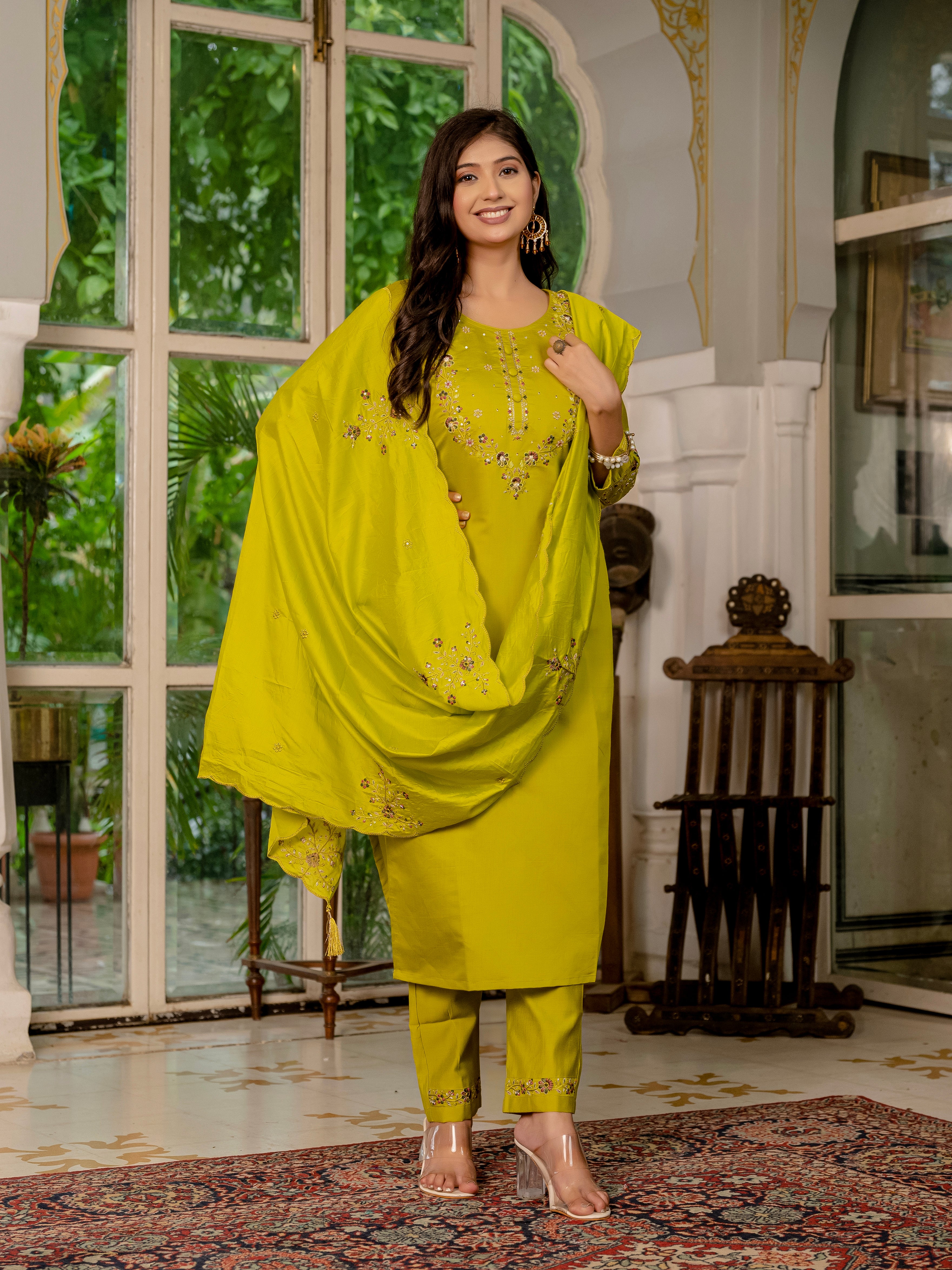 Royal Purple,Perrot,Musted Yellow, Green Embroidered Kurti Pant Dupatta Set | Premium Festive Wear