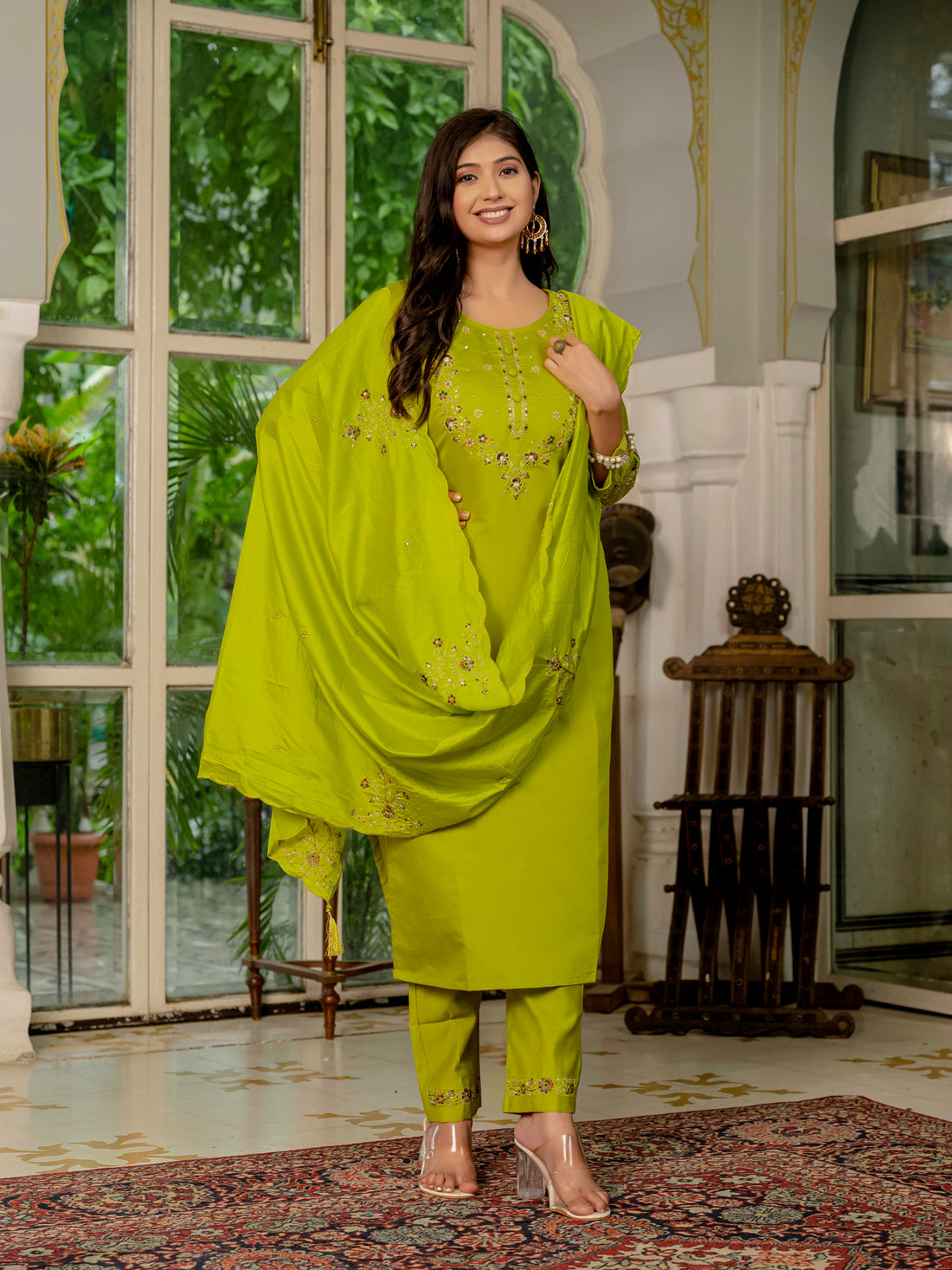 Royal Purple,Perrot,Musted Yellow, Green Embroidered Kurti Pant Dupatta Set | Premium Festive Wear