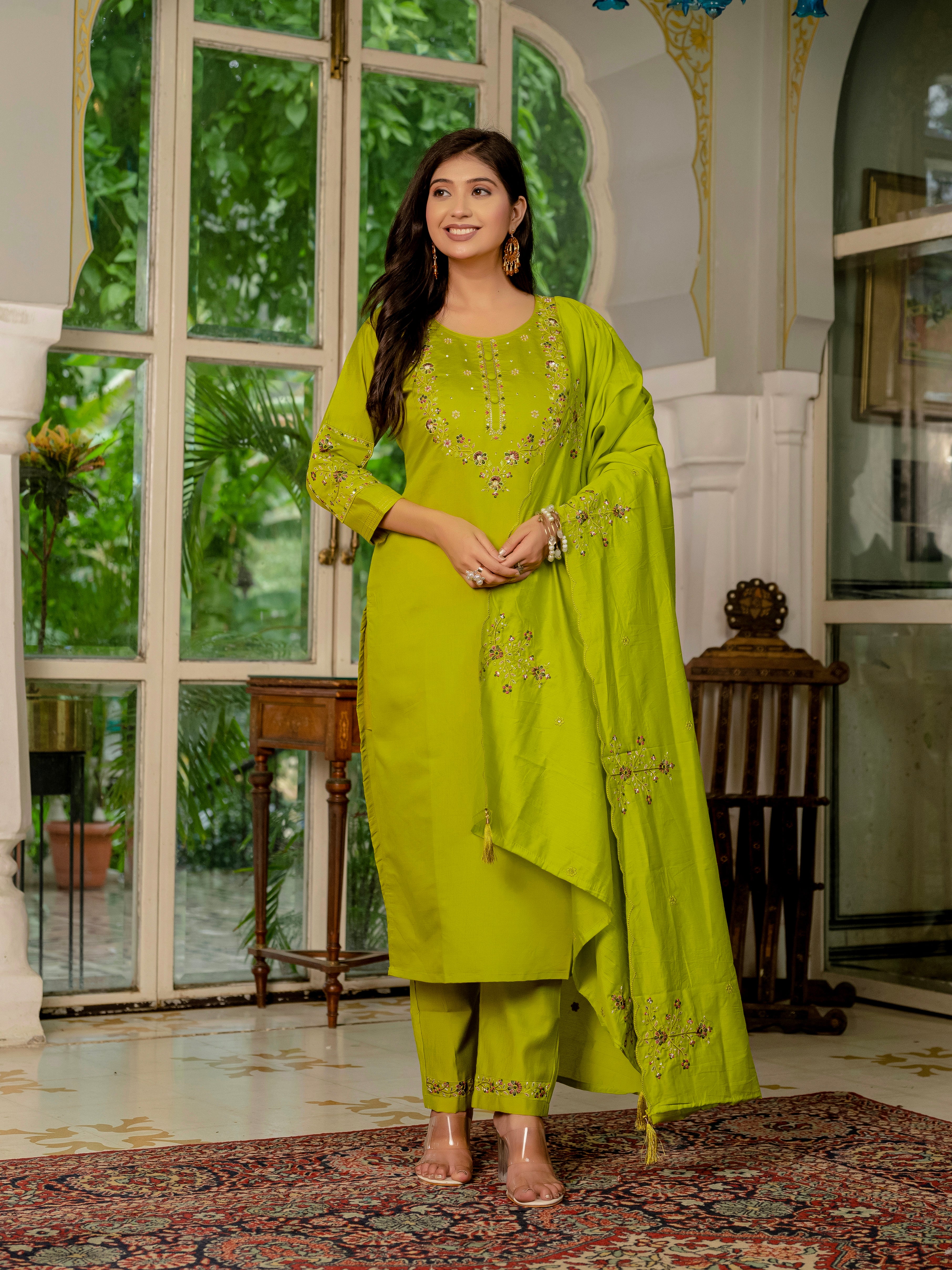 Royal Purple,Perrot,Musted Yellow, Green Embroidered Kurti Pant Dupatta Set | Premium Festive Wear